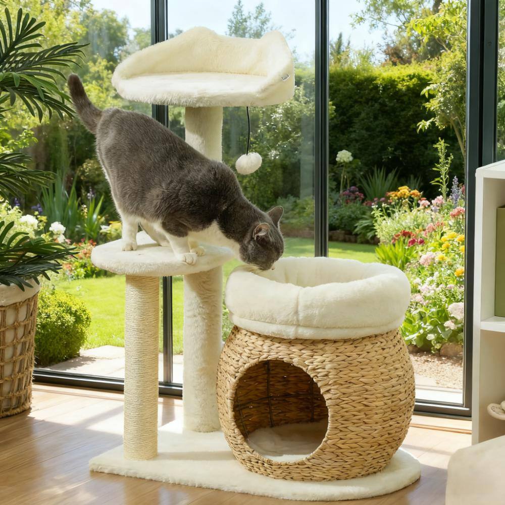 Front. Siljoy - 31" Cat Tree Tower with Natural Cat Tail Reed Condo, Bunny Velvet Beds & Scratching Posts for 1-2 Cats.