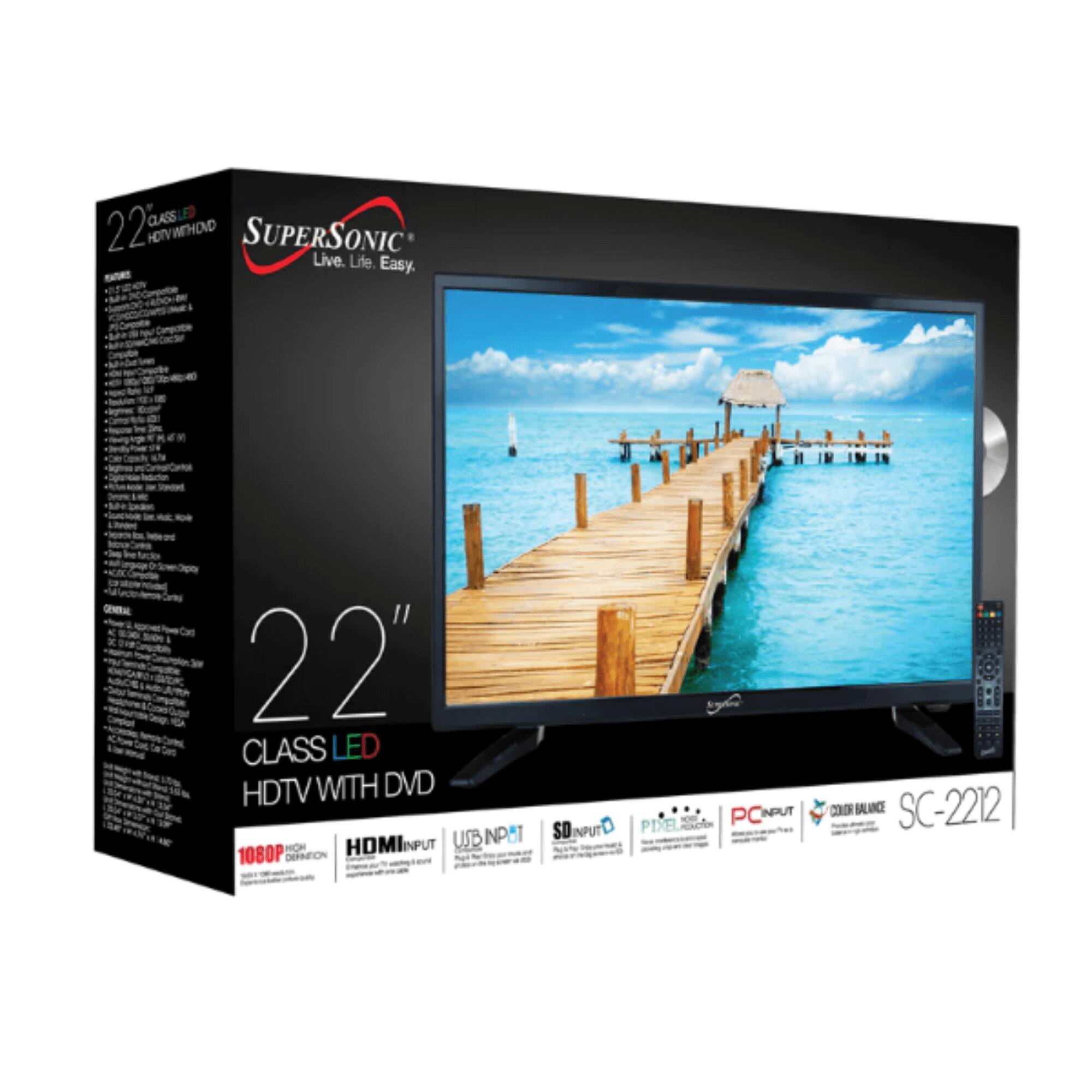 22" CLASS LED HDTV WITH DVD  
SUPERSONIC  
Live. Life. Easy.  

- HDMI INPUT  
- USB INPUT  
- 1080P HD RESOLUTION  
- SD INPUT  
- PIXEL IMPROVEMENT  
- PC INPUT  
- COLOR BALANCE  

SC-2212