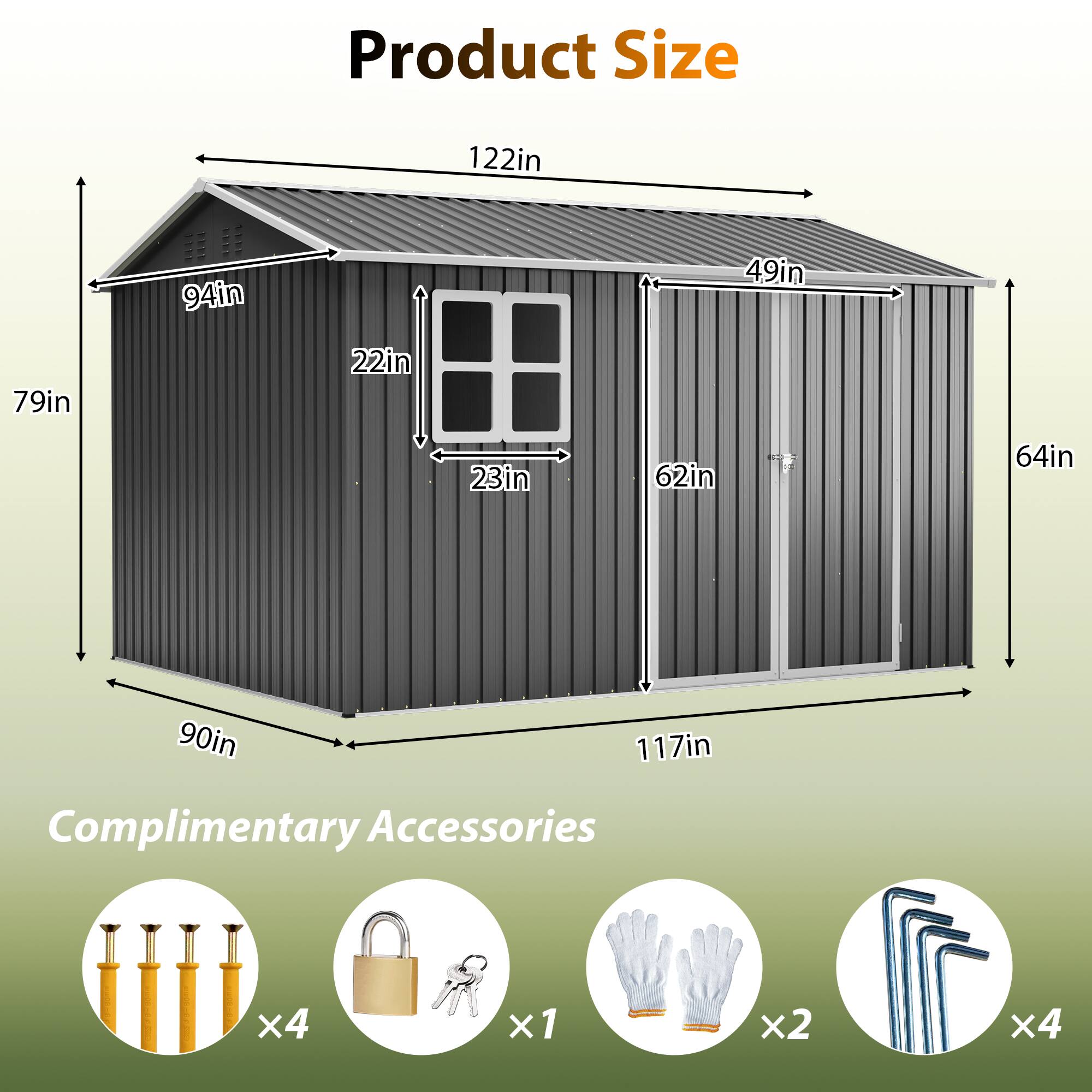 Product Size: 122in, 94in, 49in, 79in, 22in, 23in, 62in, 64in, 90in, 117in  
Complimentary Accessories: x4, x1, x2, x4