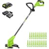 Front. Greenworks - Greenworks 24V 10" Cordless String Trimmer with 2.0Ah Battery and Charger, 20 Replacement Blades Included - Green.