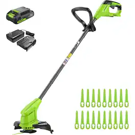 Greenworks - 24V 10" Cordless String Trimmer with 2.0Ah Battery and Charger, 20 Replacement Blades Included - Green