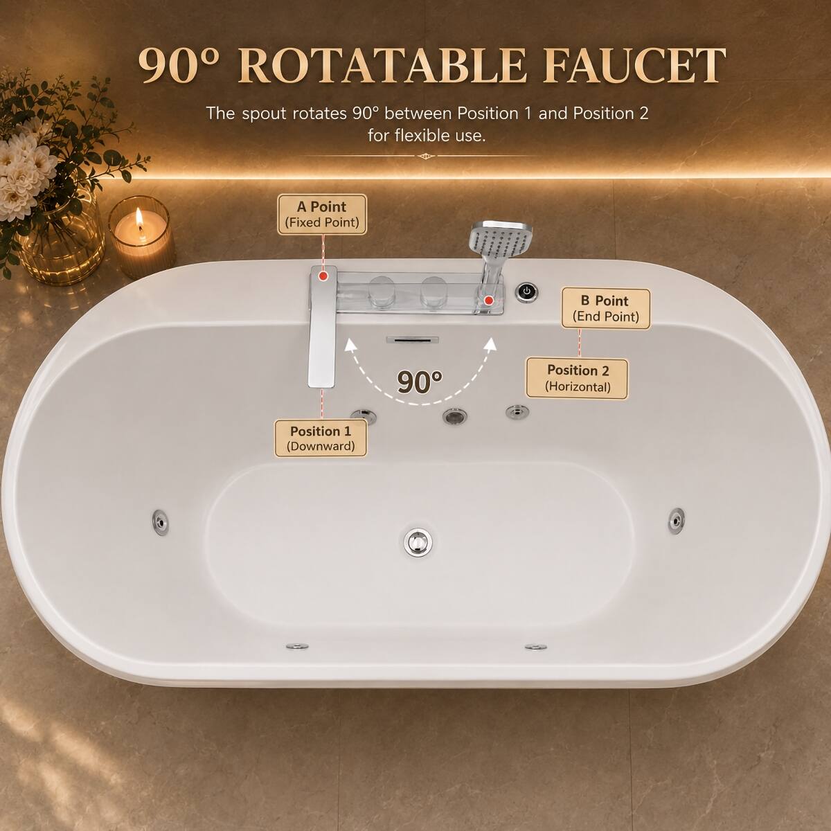 90° ROTATABLE FAUCET  
The spout rotates 90° between Position 1 and Position 2 for flexible use.  

A Point (Fixed Point)  
B Point (End Point)  
90°  
Position 2 (Horizontal)  
Position 1 (Downward)