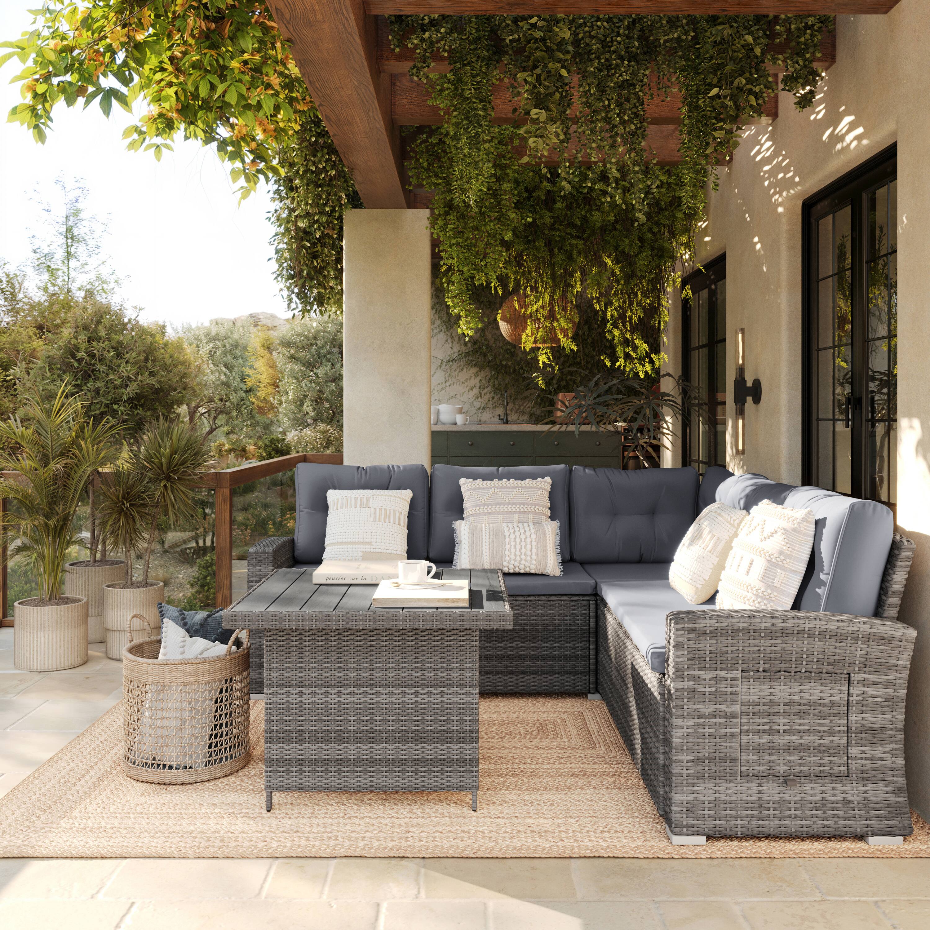 Alt View 2. Flash Furniture - Huck Indoor/Outdoor Wicker Rattan Conversation Set, L-Shaped Sofa with Dining Table, Weather Resistant Cushions, Gray - Gray.