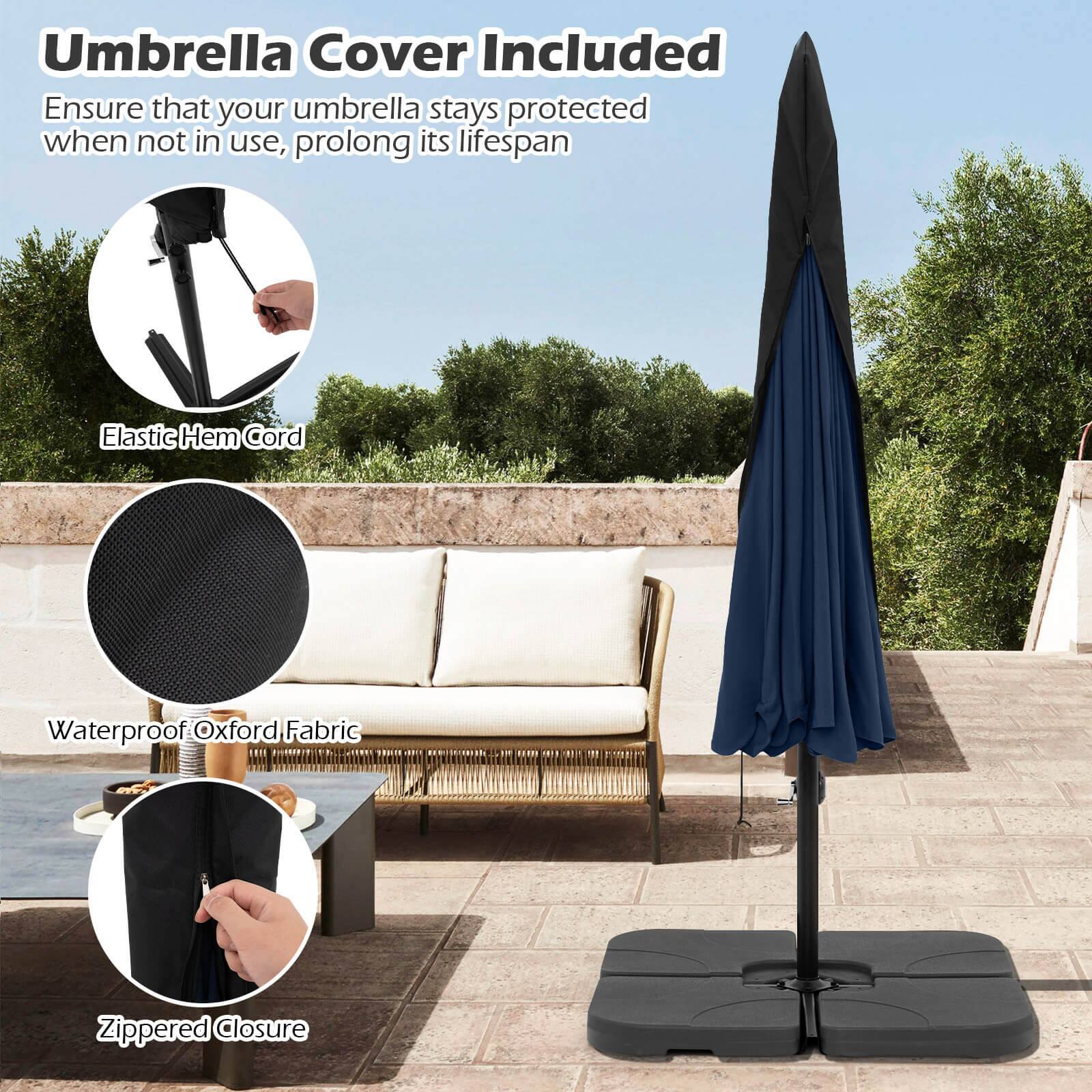 Umbrella Cover Included: Ensure that your umbrella stays protected when not in use, prolonging its lifespan. Elastic Hem Cord: Waterproof Oxford Fabric Zippered Closure.
