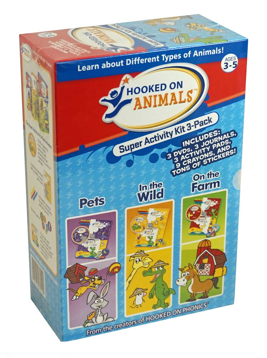 Learn about Different Types of Animals!  
AGES 3-5  

HOOKED ON ANIMALS  
Super Activity Kit 3-Pack  

INCLUDES:  
3 DVDs, 3 JOURNALS, 3 ACTIVITY PADS, 9 CRAYONS, AND STICKERS!  

Pets  
In the Wild  
On the Farm  

From the creators of HOOKED ON PHONICS