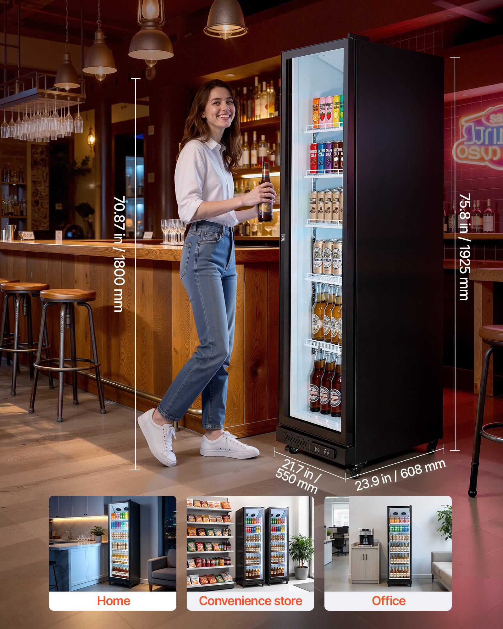 - Height: 70.87 in / 1800 mm
- Depth: 75.8 in / 1925 mm
- Width: 21.7 in / 550 mm
- Depth (bottom): 23.9 in / 608 mm

- Home
- Convenience store
- Office