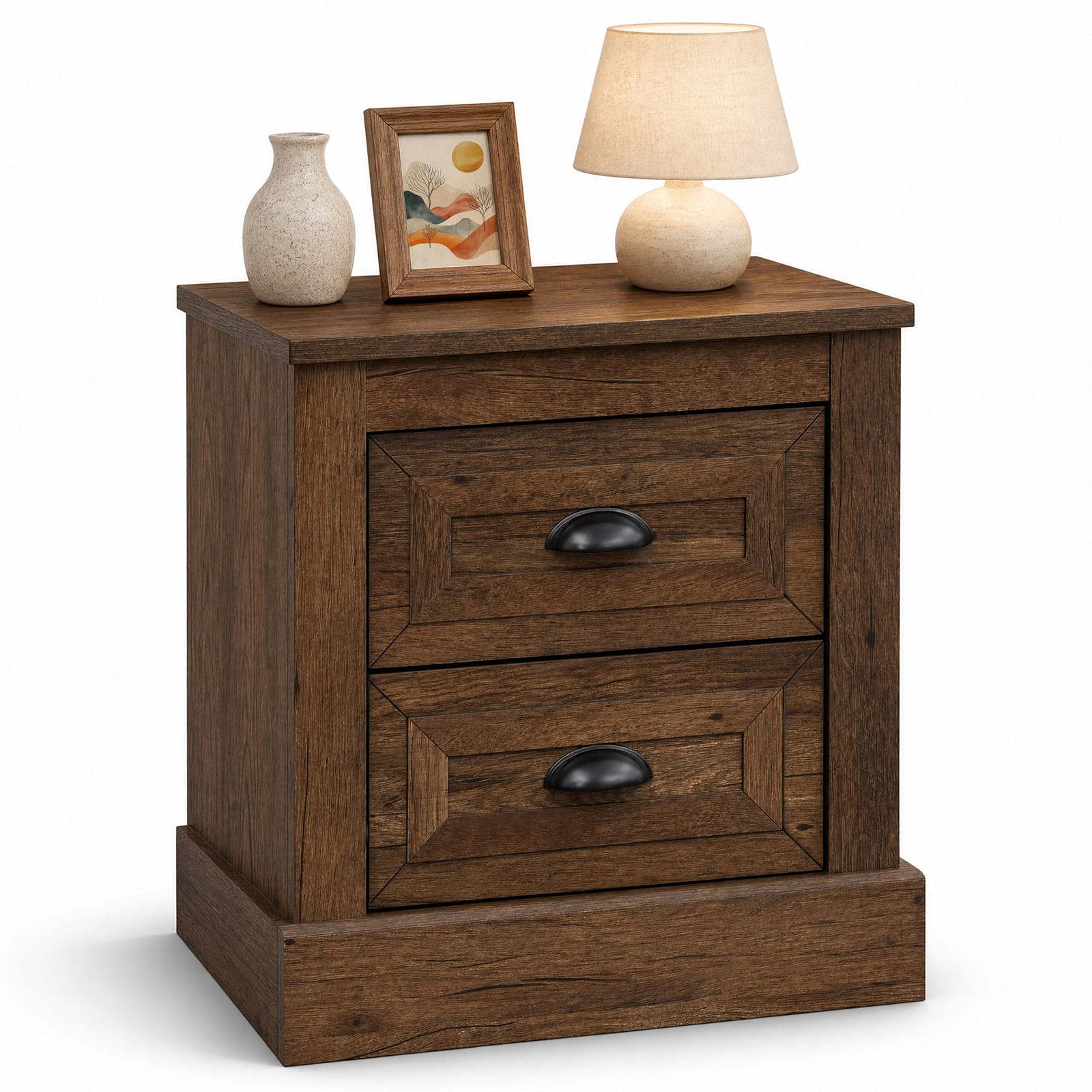 Gymax - Farmhouse Nightstand w/ 2 Large Drawers and Metal Handles Elevated Base - Brown