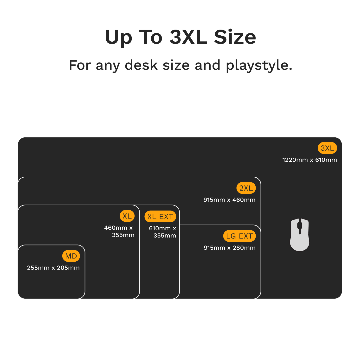 Up to 3XL size for any desk size and playstyle.
3XL: 1220mm x 610mm
2XL: 915mm x 460mm
XL: 460mm x 355mm
LG EXT: 610mm x 355mm
MD: 915mm x 280mm
255mm x 205mm