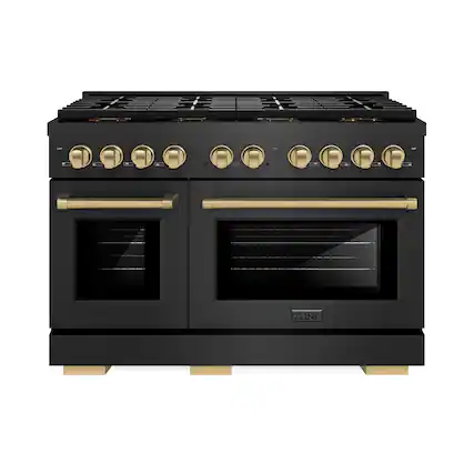 Front. ZLINE - 48 in. Wide 8 Burner Autograph 6.7 cu. ft. Double Oven Freestanding DuoPro Gas Range with Bronze Accents - Black Satin Stainless Steel.