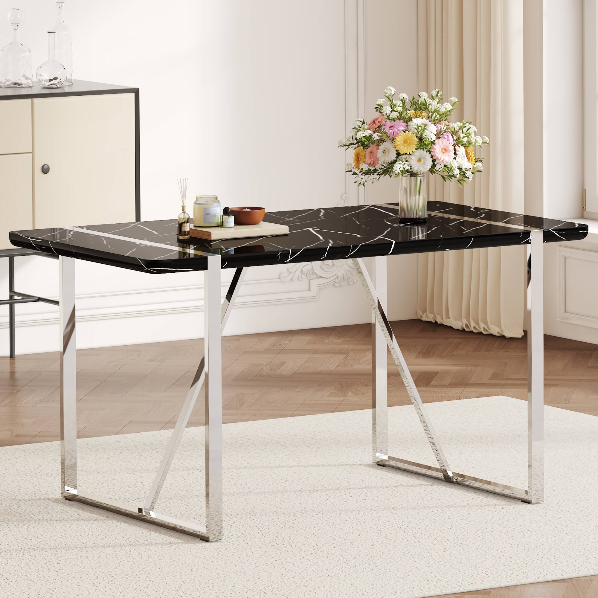 Angle. Tiramisubest - Rustic Industrial Rectangular MDF Black Dining Table for 4-6, With 1.5" Thick MDF Desktop and Electroplated Metal Legs - Black.