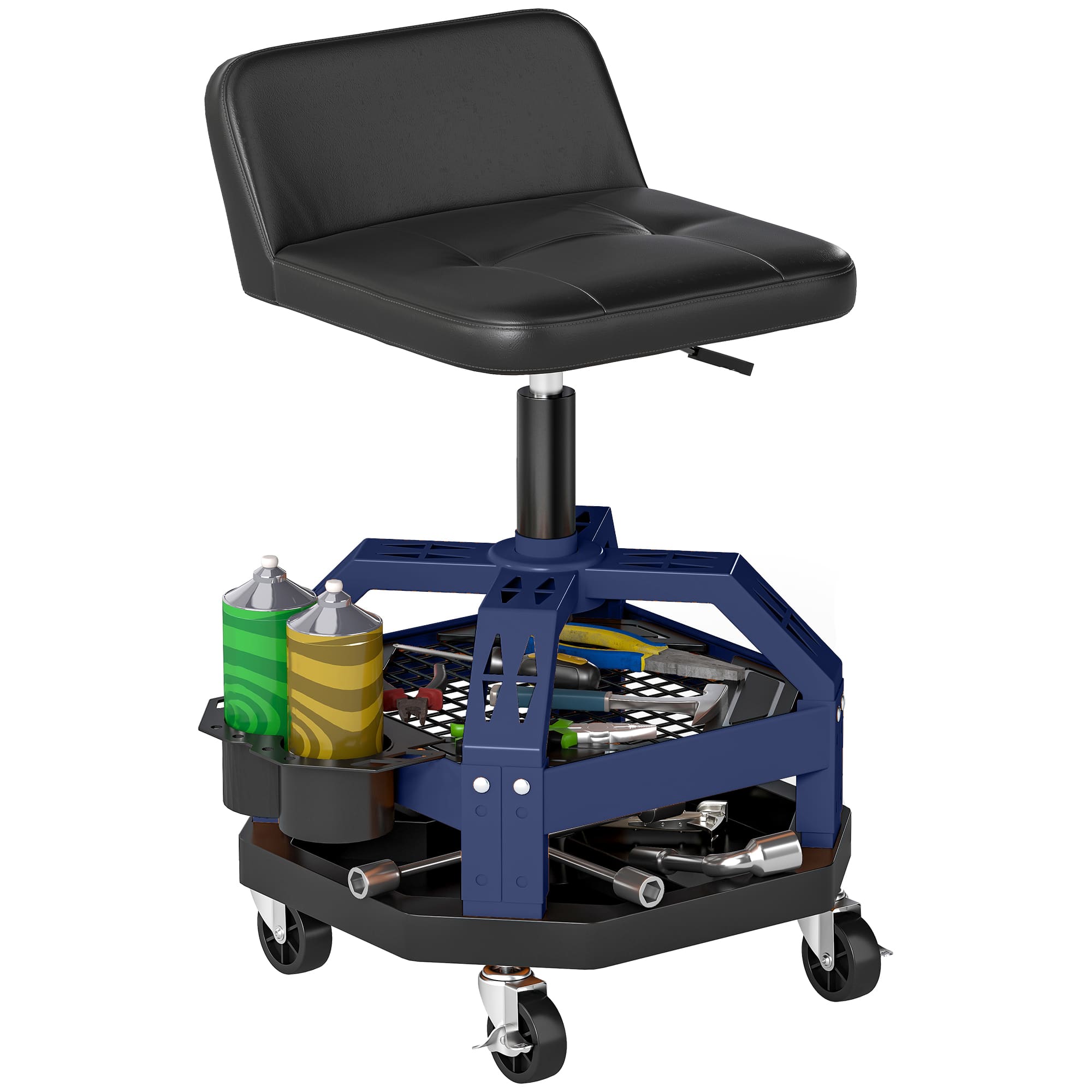 Homcom - Rolling Mechanic Stool, 300 LBS Capacity Pneumatic Creeper Garage Stool with 360° Wheels, Backrest - Blue