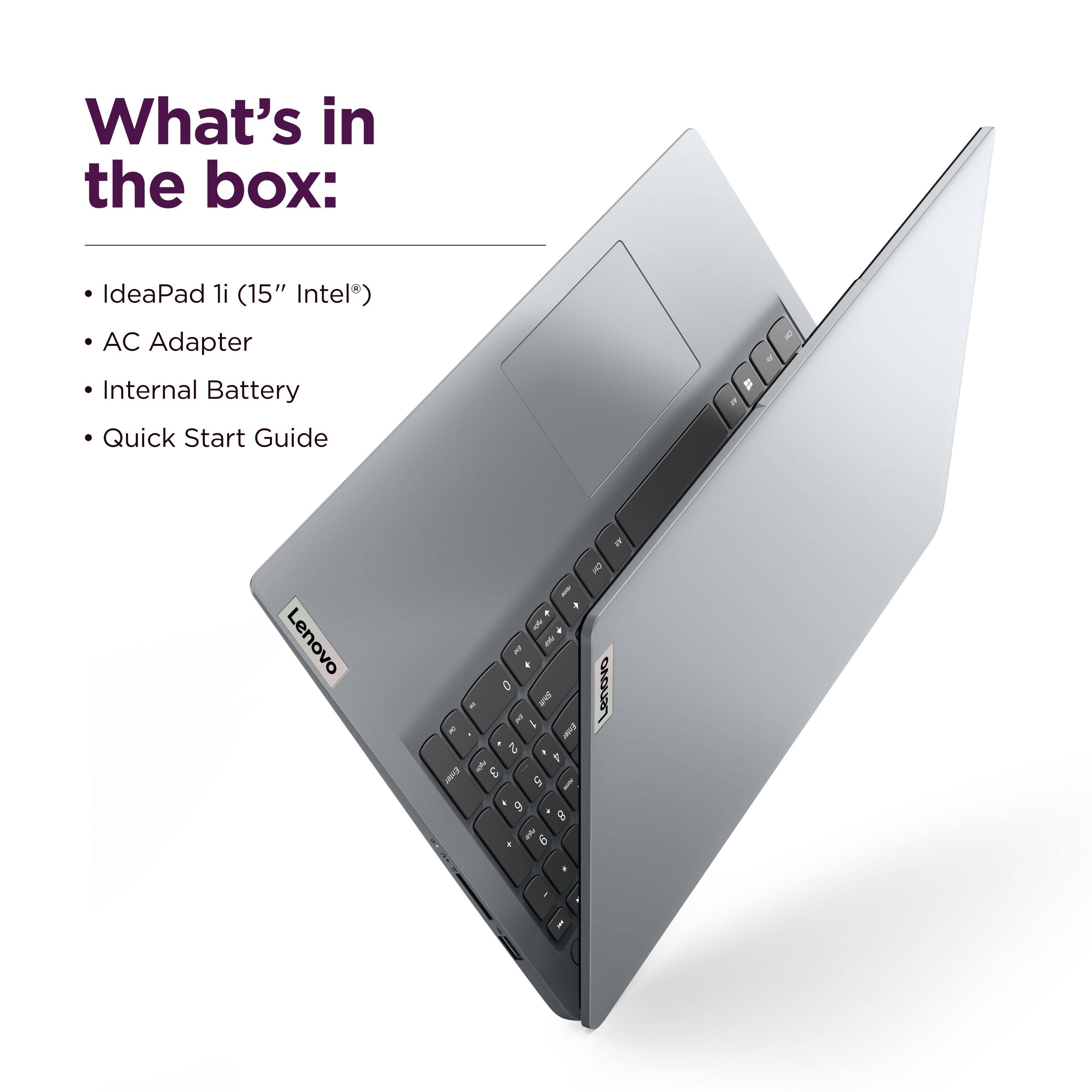 What's in the box: IdeaPad 1i (15" Intel) AC Adapter Internal Battery Quick Start Guide