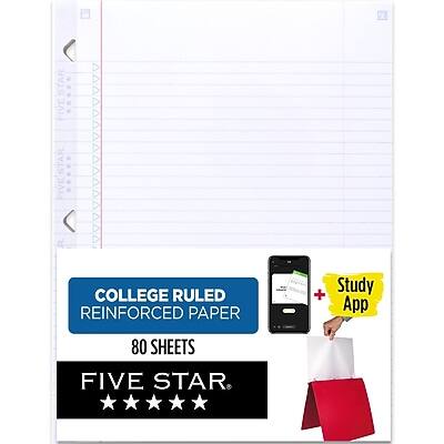 Five Star - Reinforced College Ruled Filler Paper, 8.5" x 11", 3-Hole Punched, 80 Sheets/Pack - White