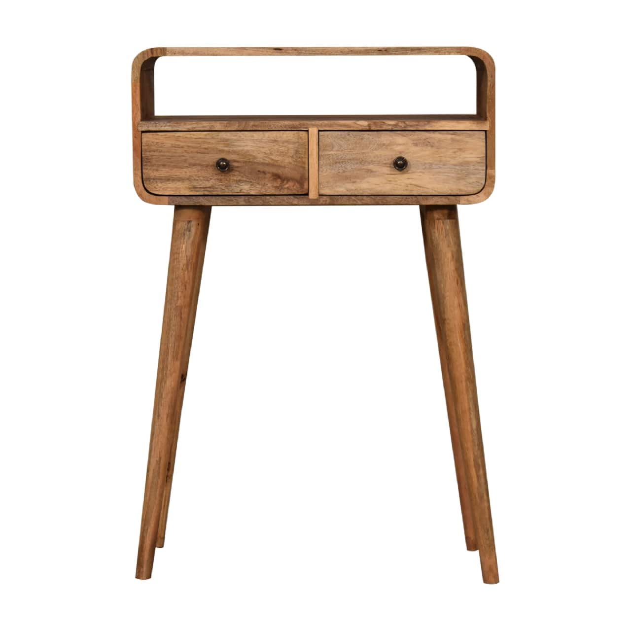 Artisan Furniture - Solid Wood Mini Curved Oak-ish Console Table, 2 Drawers, 1 Open Slot, Light - Brown