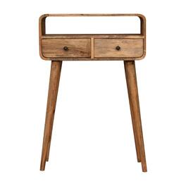Artisan Furniture - Solid Wood Mini Curved Oak-ish Console Table, 2 Drawers, 1 Open Slot, Light - Brown