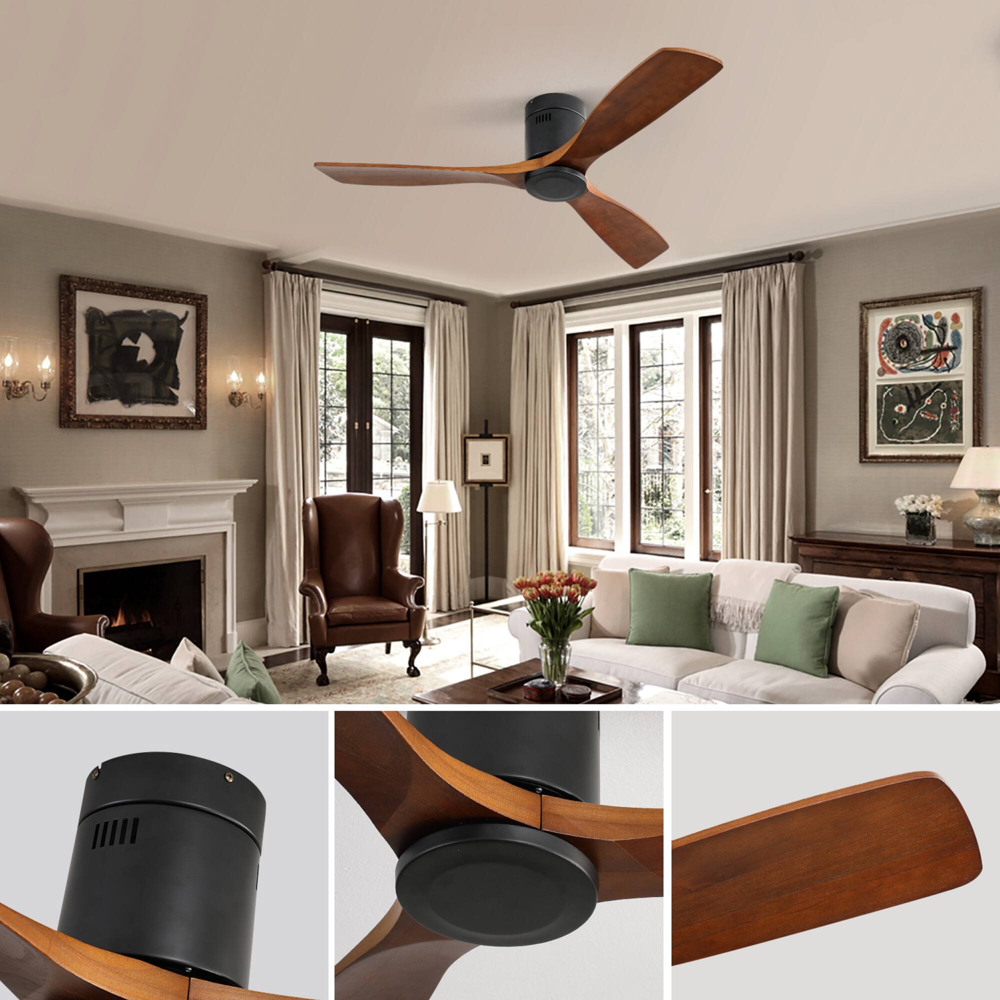 Angle. ELEMENT ACE - 52 Inch Indoor Wooden Ceiling Fan With Remote Control Reversible DC Motor And Solid Wood Blades - Black.