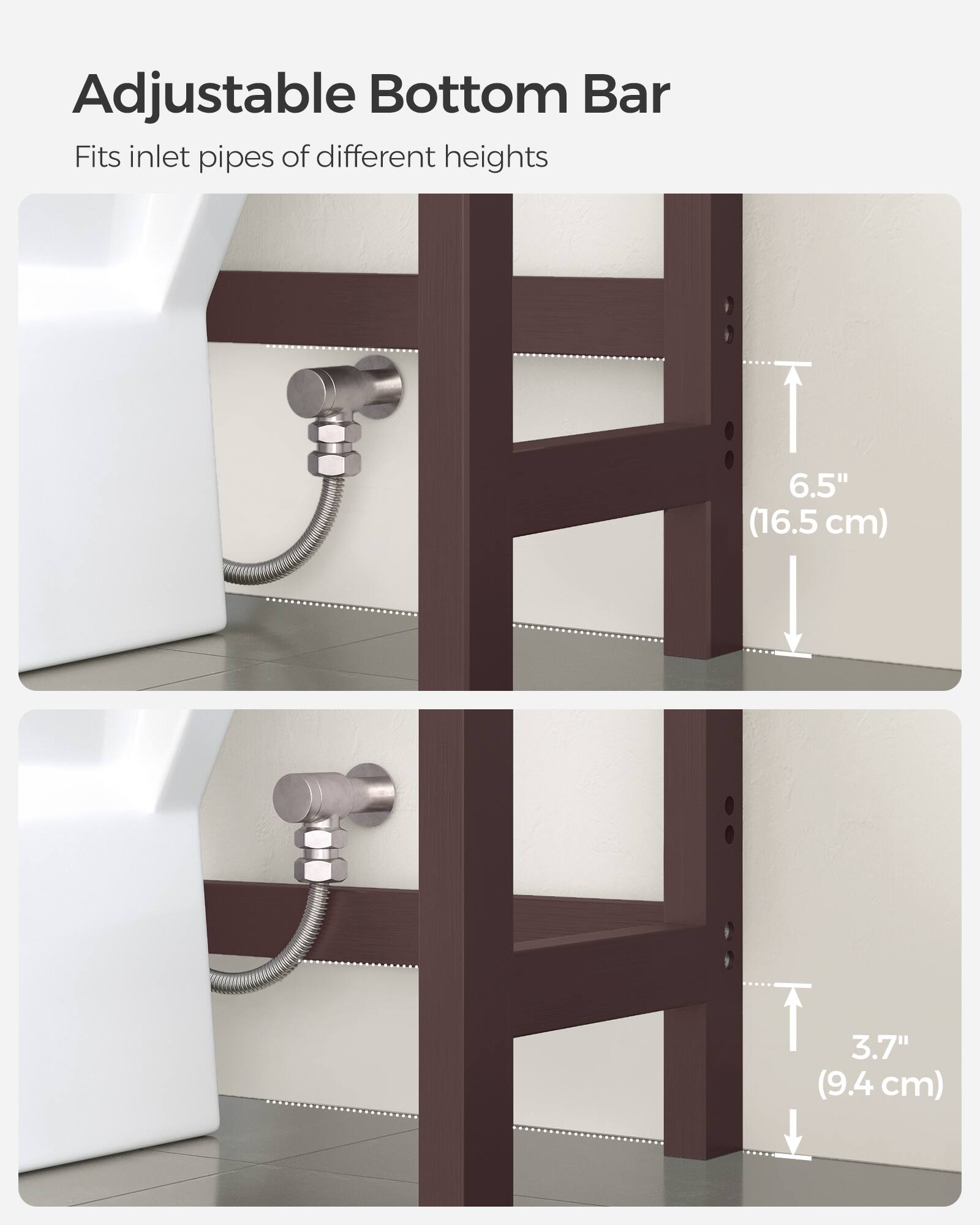 Adjustable Bottom Bar  
Fits inlet pipes of different heights  
6.5" (16.5 cm)  
3.7" (9.4 cm)