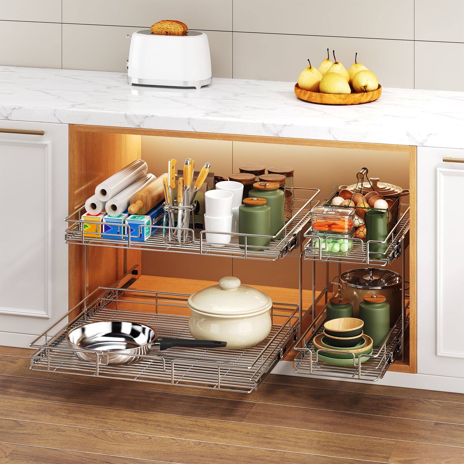 Alt View 5. LOVMOR - 2 Tier Individual Pull Out Cabinet Organizer 25½in W x 21½in D Slide Out Kitchen Cabinet Storage Sliding Shelves - Silver.