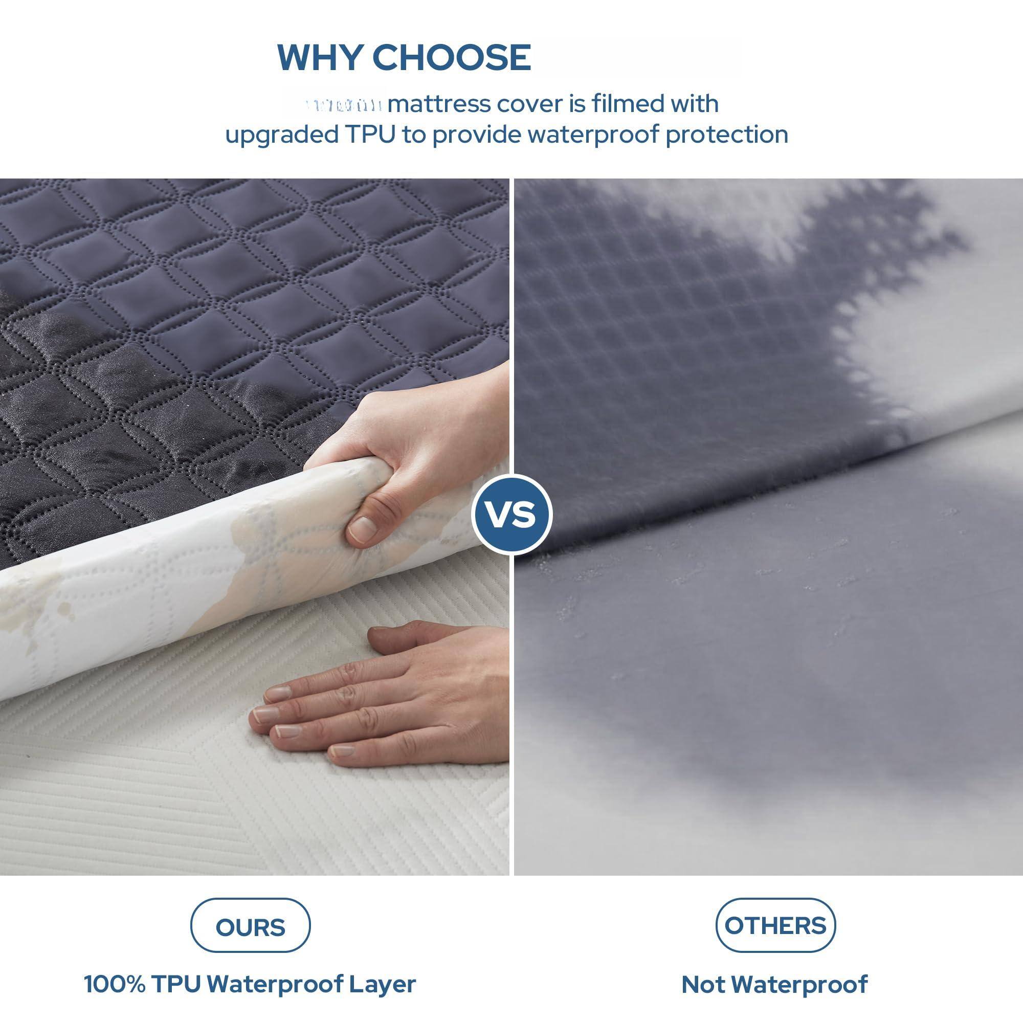 WHY CHOOSE  
11:720011 mattress cover is filmed with upgraded TPU to provide waterproof protection

VS

OUR 100% TPU Waterproof Layer

OTHERS Not Waterproof