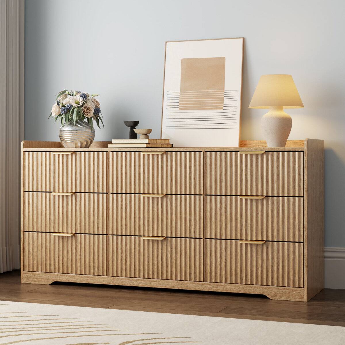 Alt View 5. Furnulem - 9 drawer Dresser Wood Wide Chest Of Drawers With Metal Handle - Gold.