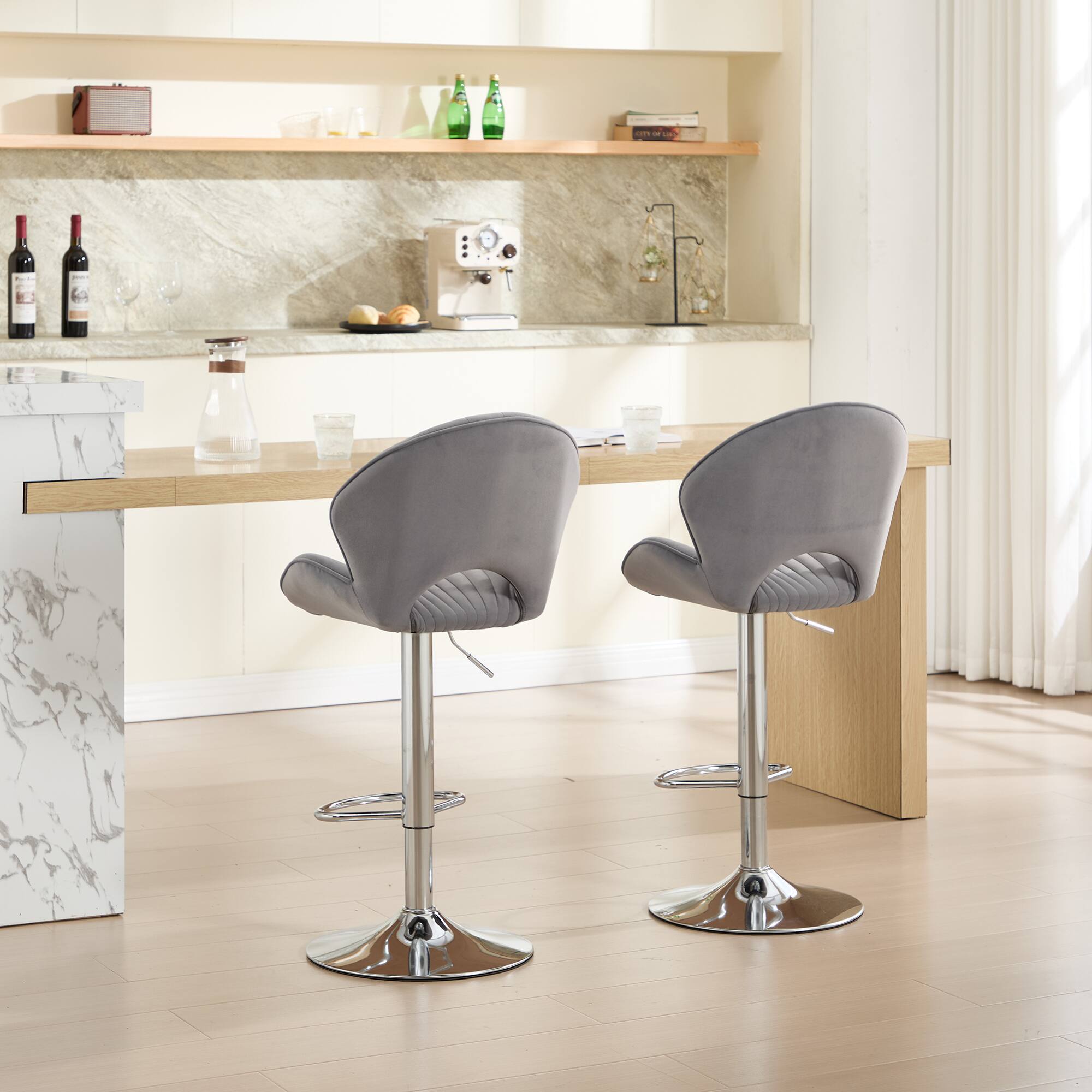 Back. Trinkets Crazed - Bar Stools Set of 2 - Adjustable Barstools with Back and Footrest, Counter Height Bar Chairs for Kitchen - Gray.