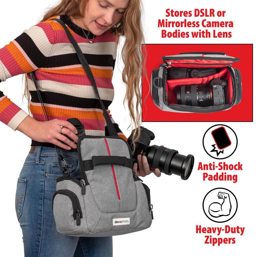 Stores DSLR or Mirrorless Camera Bodies with Lens  
Anti-Shock Padding  
decaphoto  
Heavy-Duty Zippers
