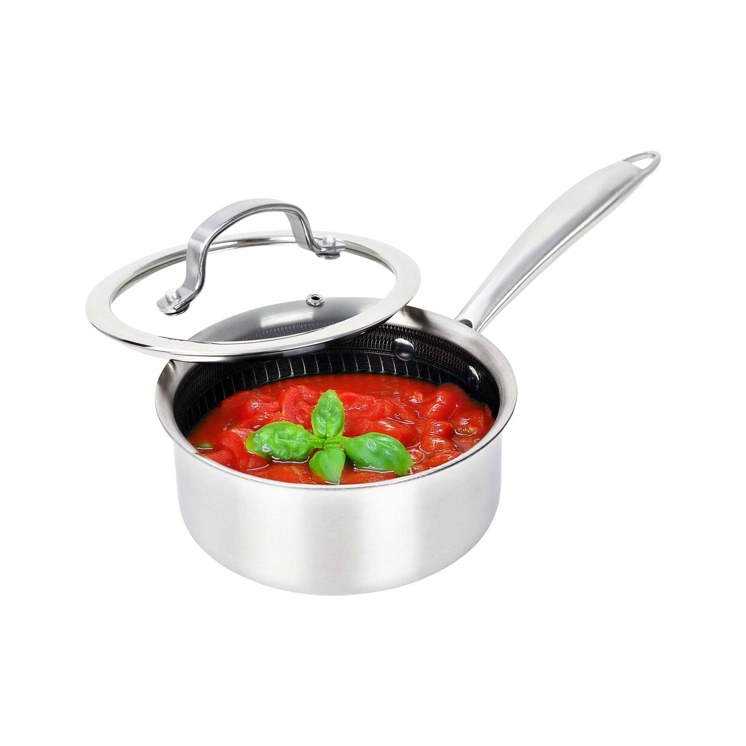 Angle. Brentwood - Brentwood 1.5 Quart 3-Ply Hybrid Non-Stick Stainless Steel Saucepan with Tempered Glass Lid - Silver.