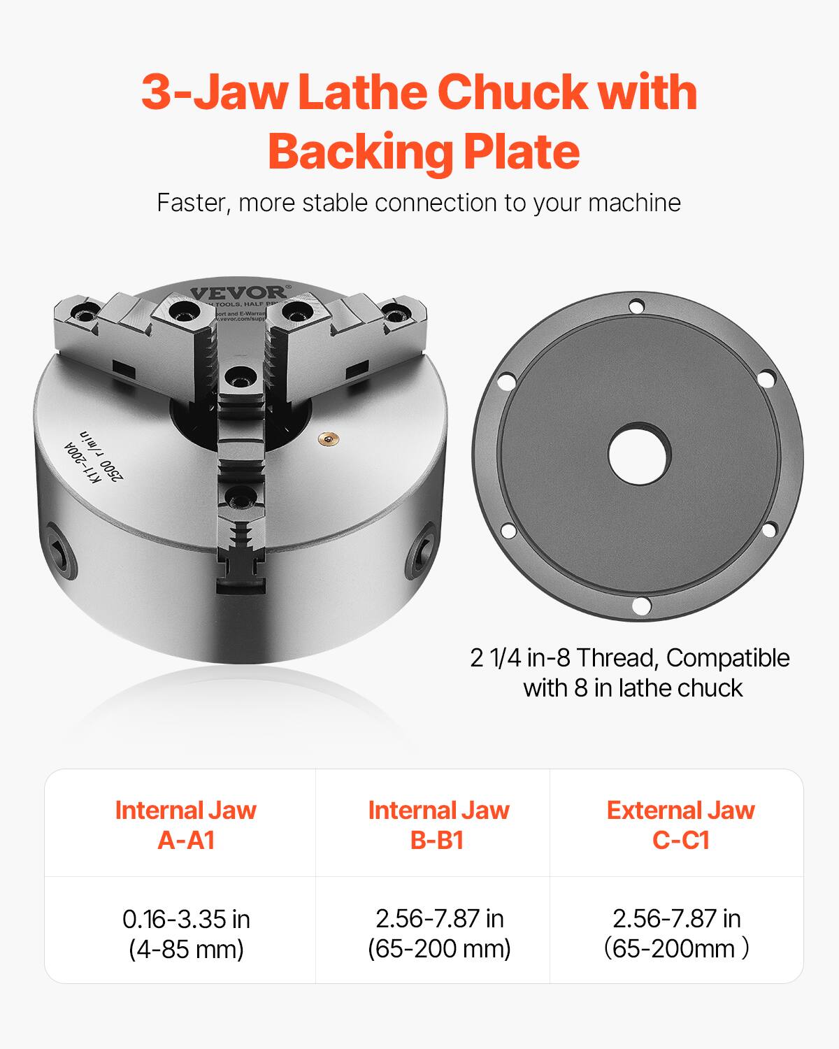 3-Jaw Lathe Chuck with Backing Plate  
Faster, more stable connection to your machine  

VEVOR JL  
K11-200A  
2500 r/min  

2 1/4 in-8 Thread, Compatible with 8 in lathe chuck  

Internal Jaw A-A1: 0.16-3.35 in (4-85 mm)  
Internal Jaw B-B1: 2.56-7.87 in (65-200 mm)  
External Jaw C-C1: 2.56-7.87 in (65-200 mm)