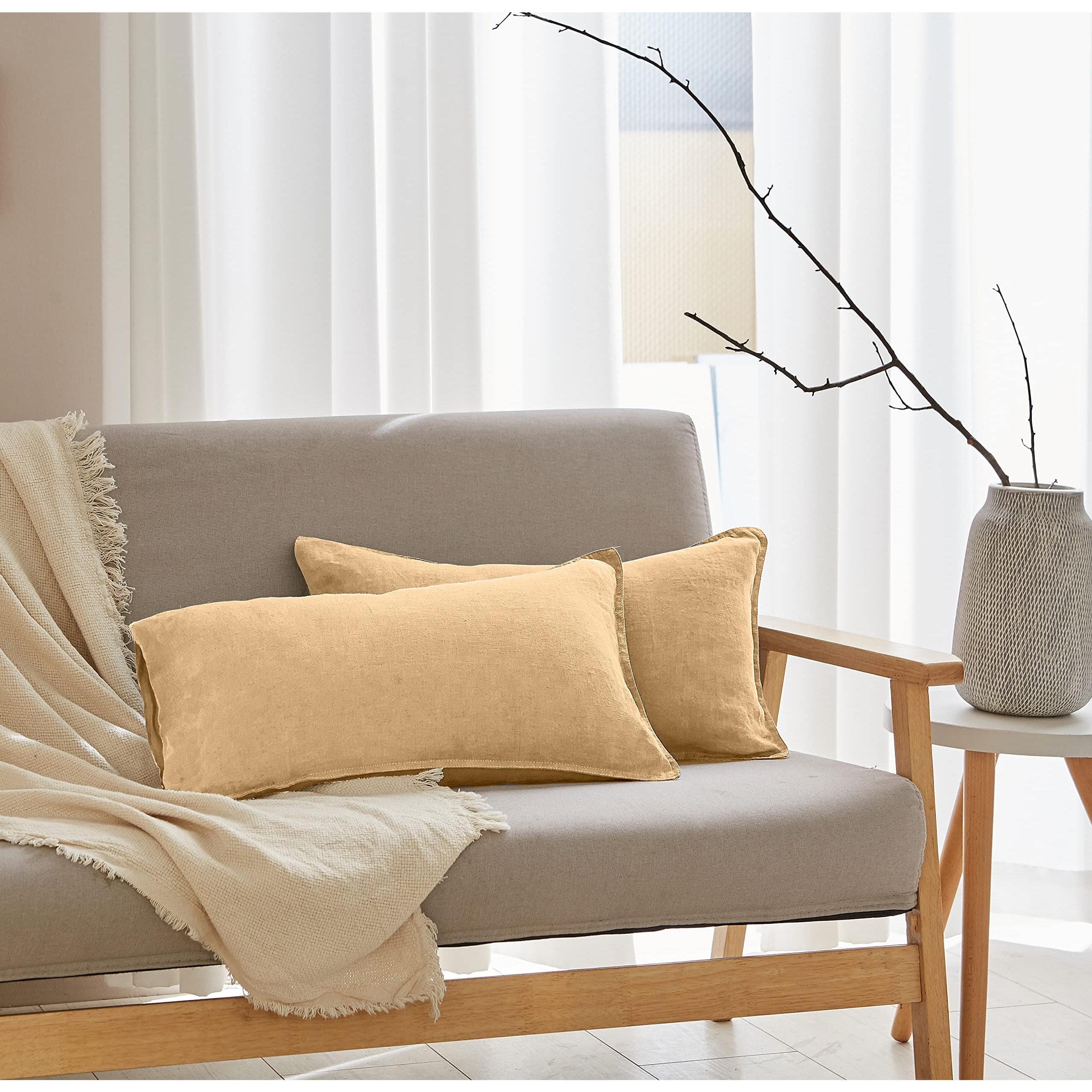 Reds Spade - Linen Duvet Cover Set With Embroidery Washed 3 Pieces 1 2 Pillow Shams Button Closure Soft Breathable - Lumbar - Sand-20" x 12" (Pack of 2)