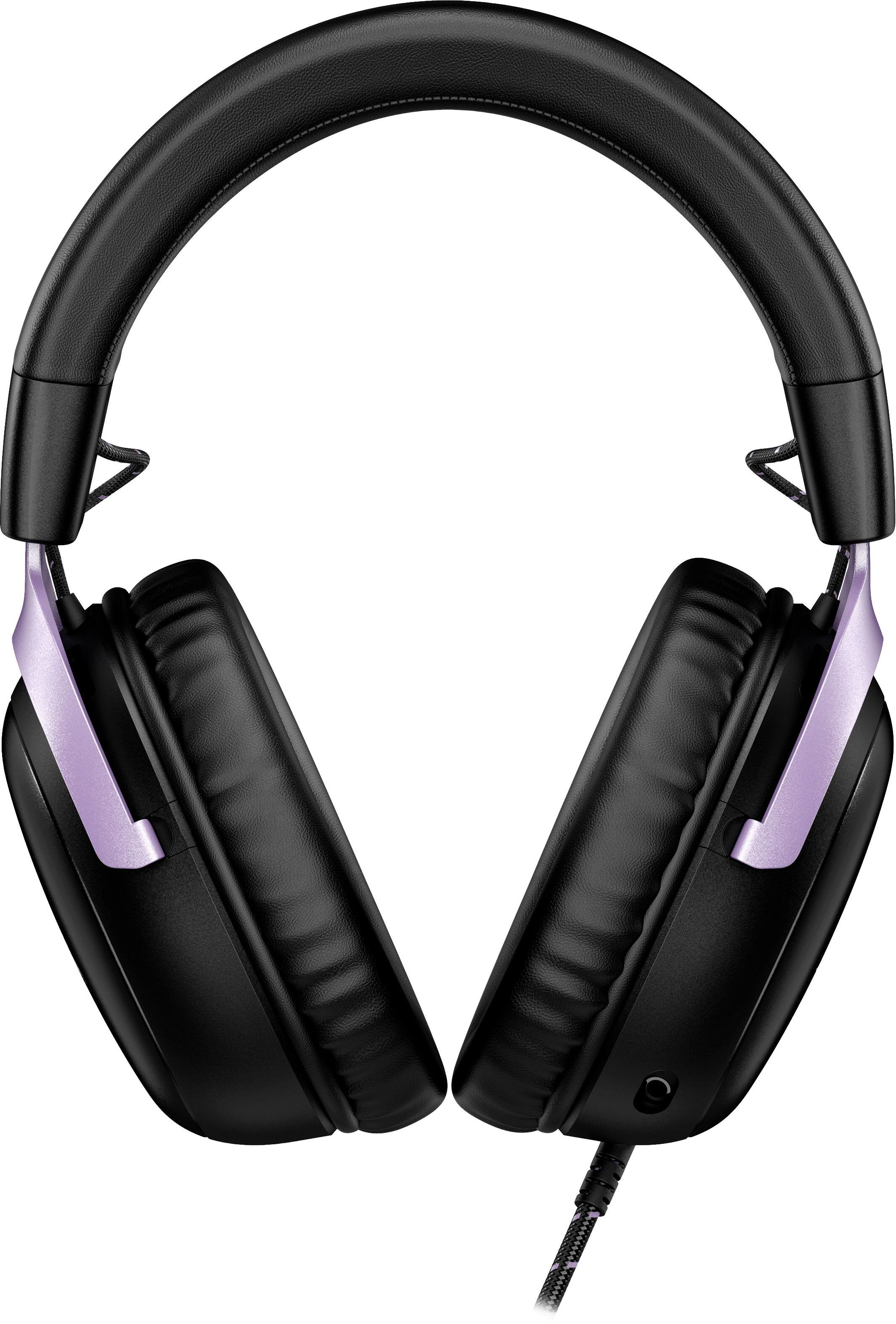 Left. HyperX - Cloud III Wired Gaming Headset for PC, PS5, PS4, Xbox Series X|S, Xbox One, Nintendo Switch, and Mobile - Black/Lavender.