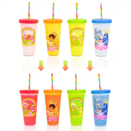Front. Silver Buffalo - Care Bears x Strawberry Shortcake 4-Piece Color-Changing Tumbler Set | 24 Ounces - Multi-Colored.