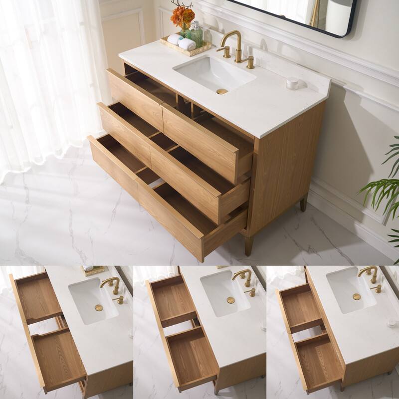 Alt View 2. WELLFOR - 48 in Freestanding Solid Wood Bathroom Vanity with Carrara White Quartz Vanity Top & 6 Soft-Close Drawers and Backsplash - Oak.