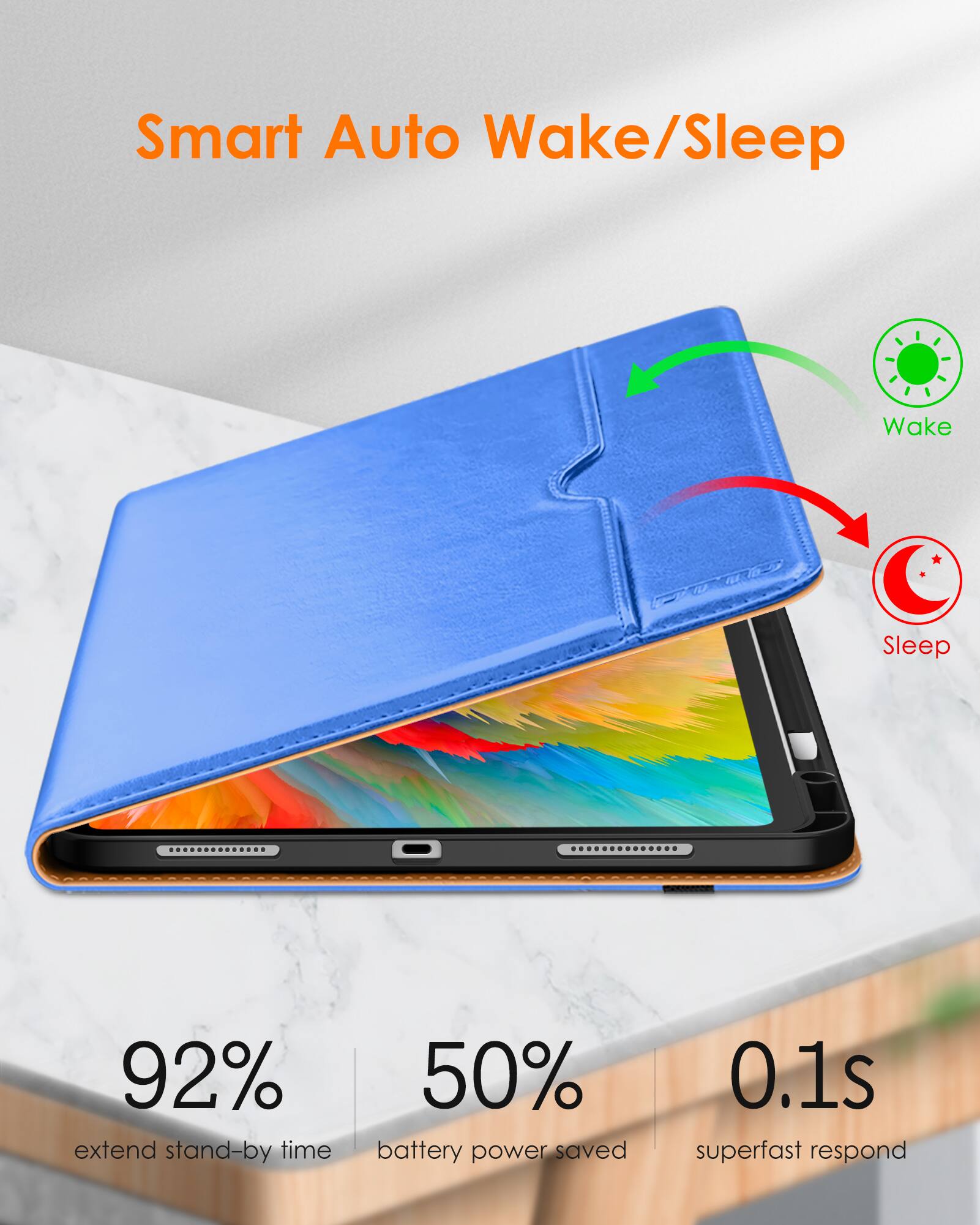 Smart Auto Wake/Sleep

- 92% extend stand-by time
- 50% battery power saved
- 0.1s superfast respond

Wake
Sleep