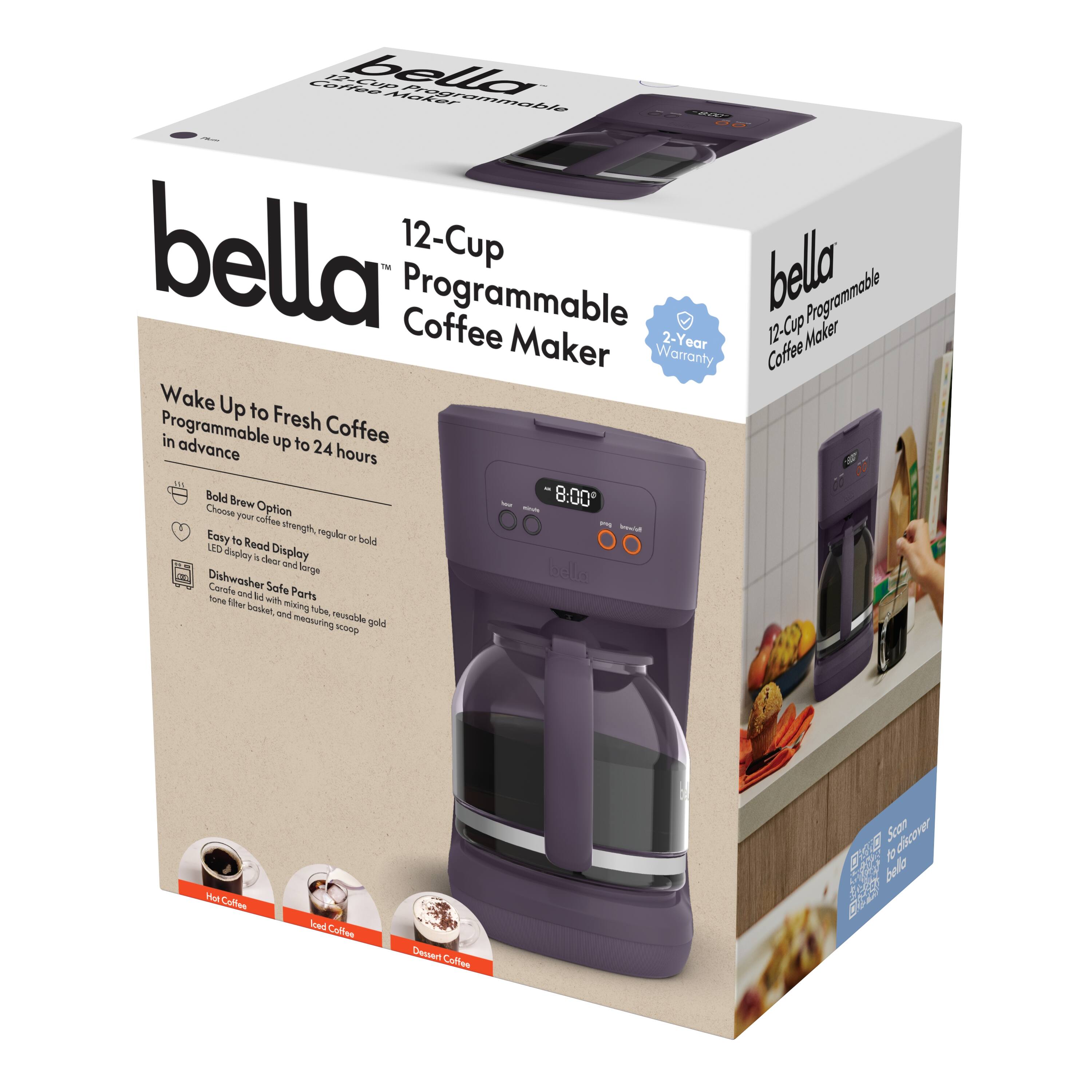 bella 12-Cup Programmable Coffee Maker
- Wake Up to Fresh Coffee
- Programmable up to 24 hours in advance
- Bold Brew Option: Choose your coffee strength, regular or bold
- Easy to Read LED Display
- Dishwasher Safe Parts: Carefree filter with mixing tube, reusable gold tone filter basket, and measuring scoop
- 2-Year Warranty
- Hot Coffee
- Cold Coffee
- Dessert Coffee
- 2-Year Warranty
- 12-Cup Programmable Coffee Maker