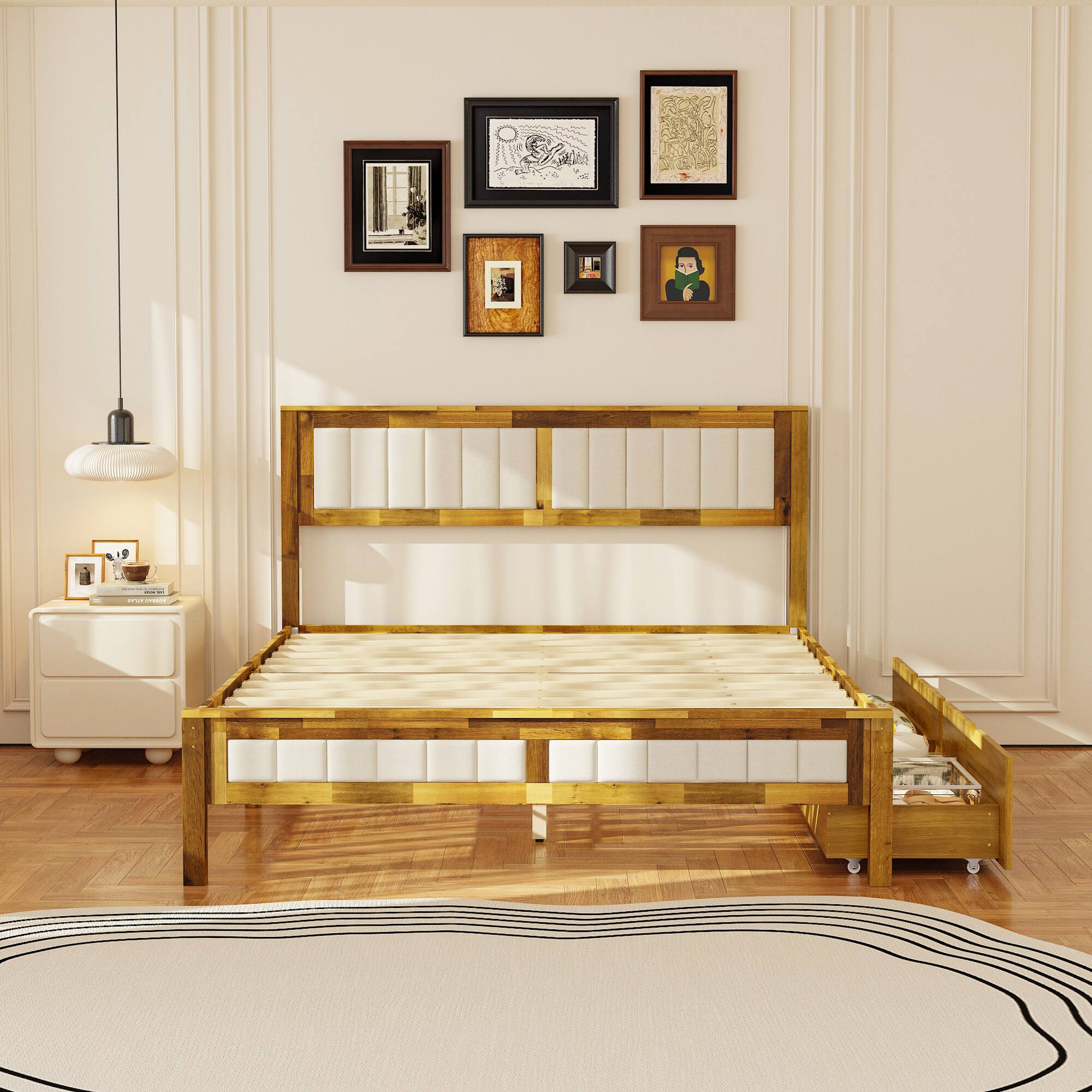Alt View 2. Famapy - Famapy Solid Wood Storage Bed Frame - Acacia Wood, Thickened Slats, Drawer Design - Wooden.