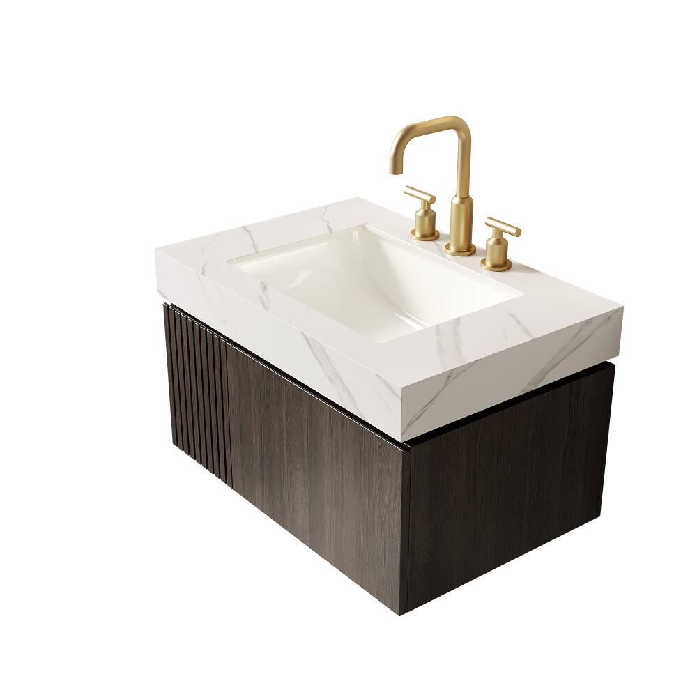 Back. JUJABU - 30" Floating Bathroom Vanity & Sink, Carrara White Sintered Stone Top & Ceramic Basin - Carrara White.
