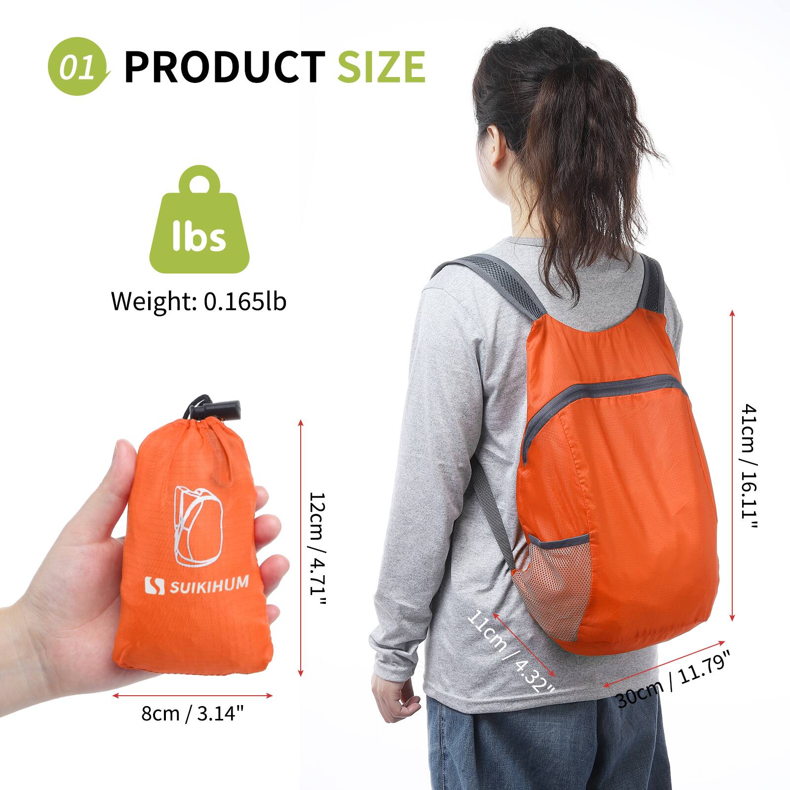 01 PRODUCT SIZE

Weight: 0.165lb

SUIKIHUM

8cm / 3.14"  
12cm / 4.71"  
11cm / 4.32"  
41cm / 16.11"  
30cm / 11.79"