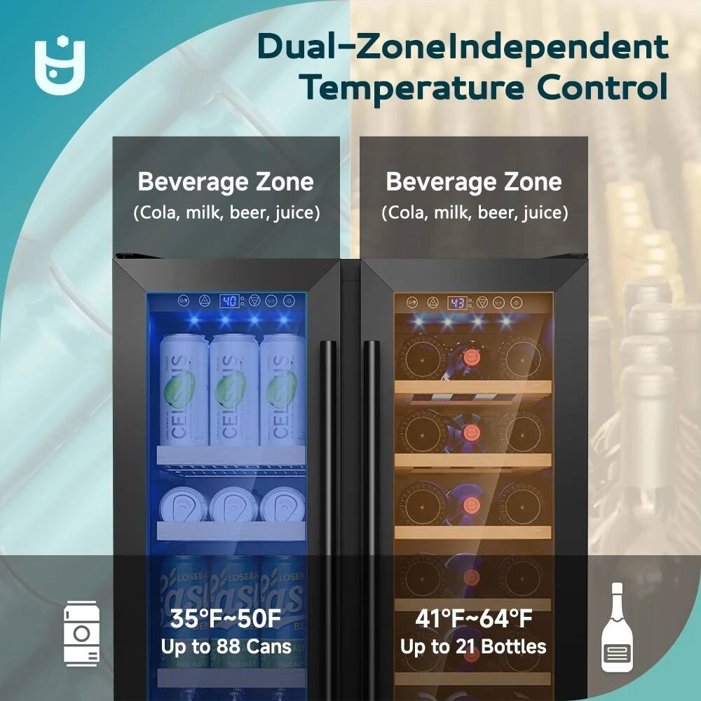 Dual-Zone Independent Temperature Control

Beverage Zone (Cola, milk, beer, juice)

35°F~50°F  
Up to 88 Cans

Beverage Zone (Cola, milk, beer, juice)

41°F~64°F  
Up to 21 Bottles