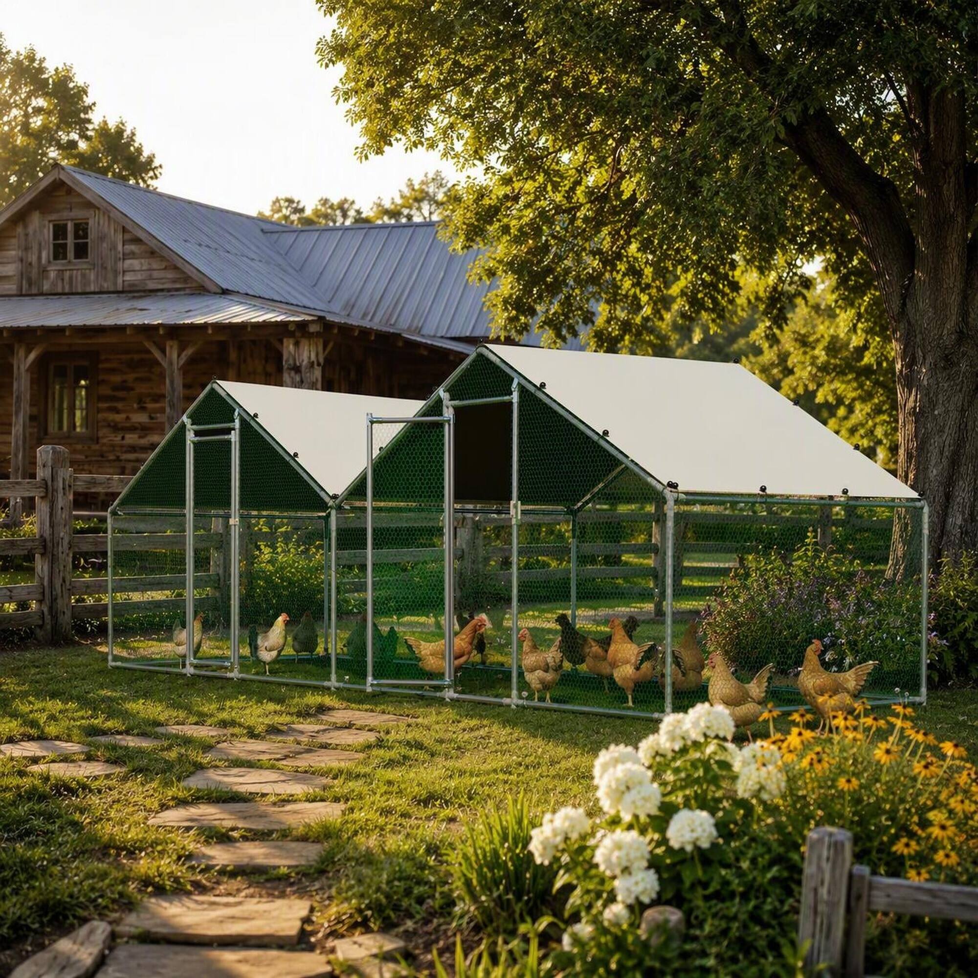 Back. RYHNUYNE - Walk-In Chicken Coop 6x20 ft Metal Poultry Cage, Dual-Zone Design & Weatherproof Double Peak Roof.