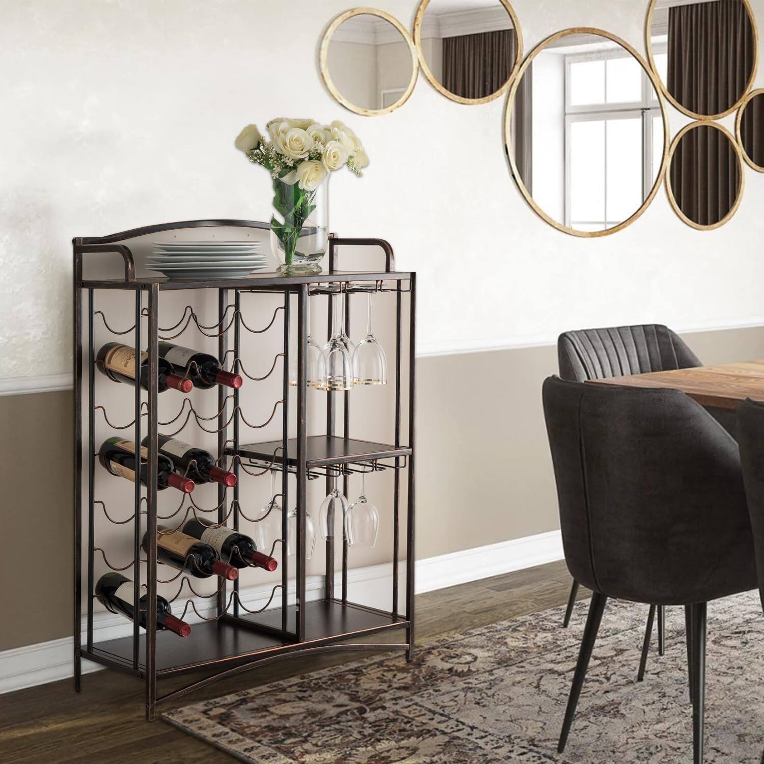 Angle. Kings Brand Furniture - Kings Brand Furniture Athelstan Rack Table Bar Cabinet Shelves, Liquor Wine Storage Stand with Glass Holder - Rust/Copper.