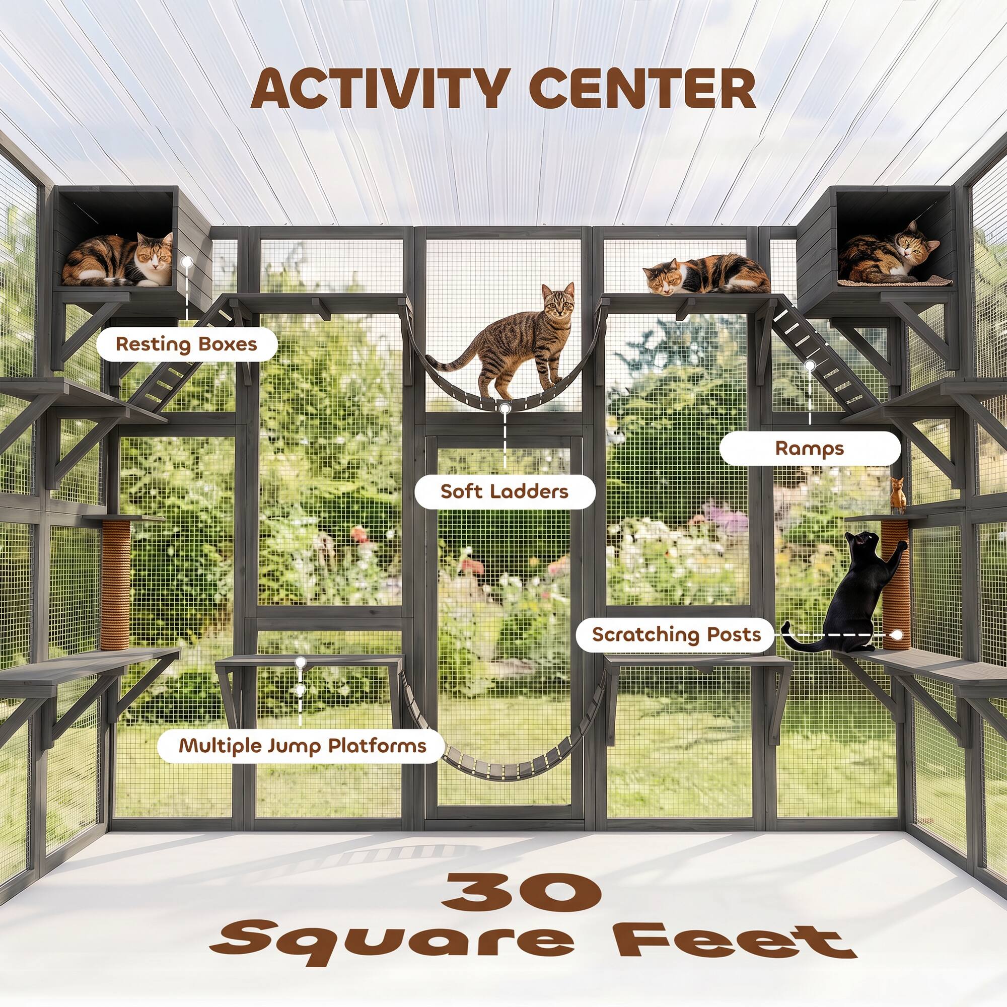 ACTIVITY CENTER

- Resting Boxes
- Ramps
- Soft Ladders
- Scratching Posts
- Multiple Jump Platforms

30 Square Feet