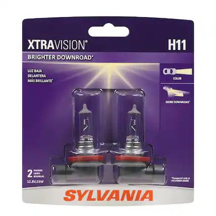 XTRAVISION BRIGHTER DOWNROAD*
H11
LUZ BAJA DELANTERA MÁS BRILLANTE'
B COLOR
MORE DOWNROAD*
HALOGEN 2 LAMPS BOMBILLAS *Compared only to SYLVANIA BASIC 12.8V,55W SYLVANIA