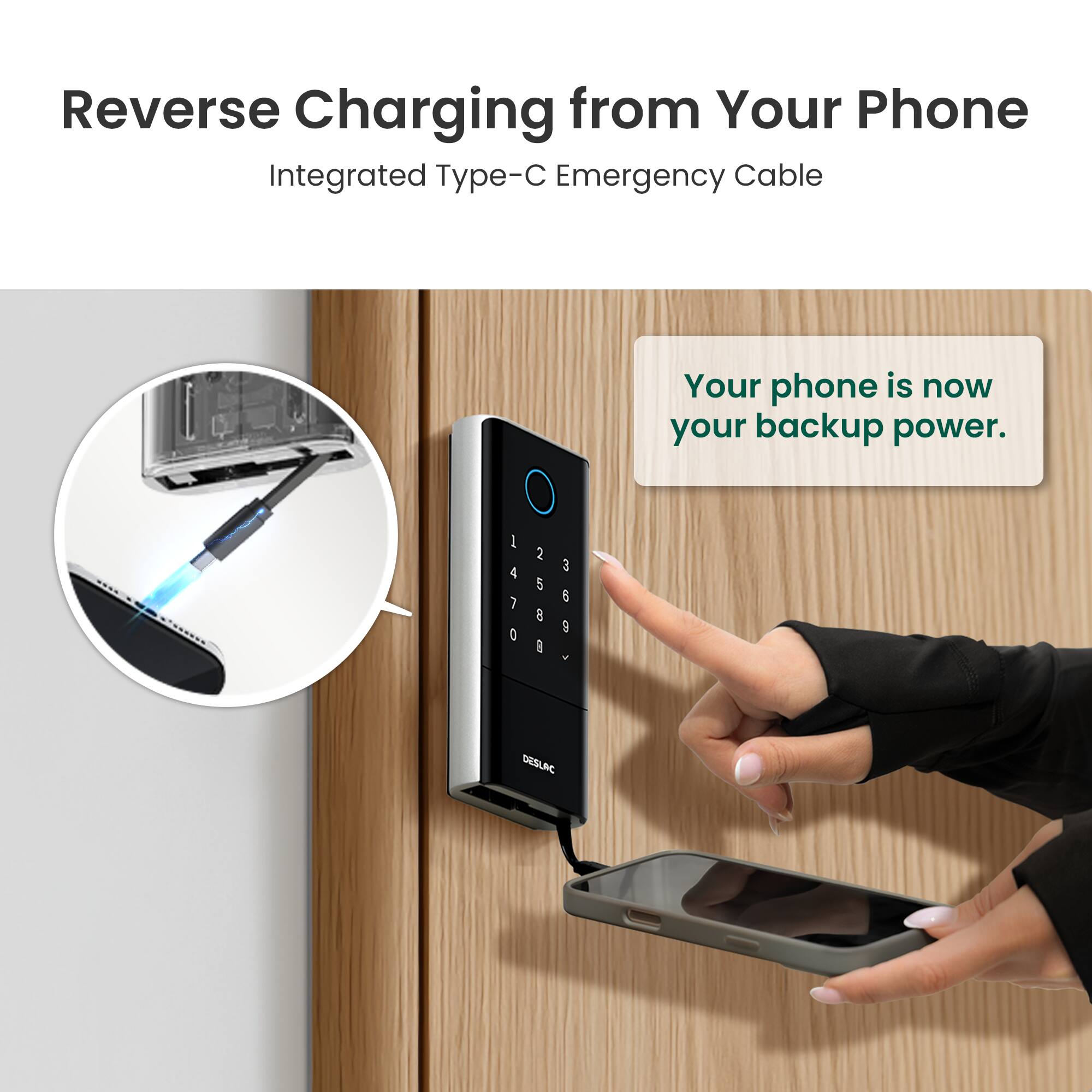 Reverse Charging from Your Phone  
Integrated Type-C Emergency Cable  

Your phone is now your backup power.  

1 2 3  
4 5 6  
7 8 9  
0  

DESURE
