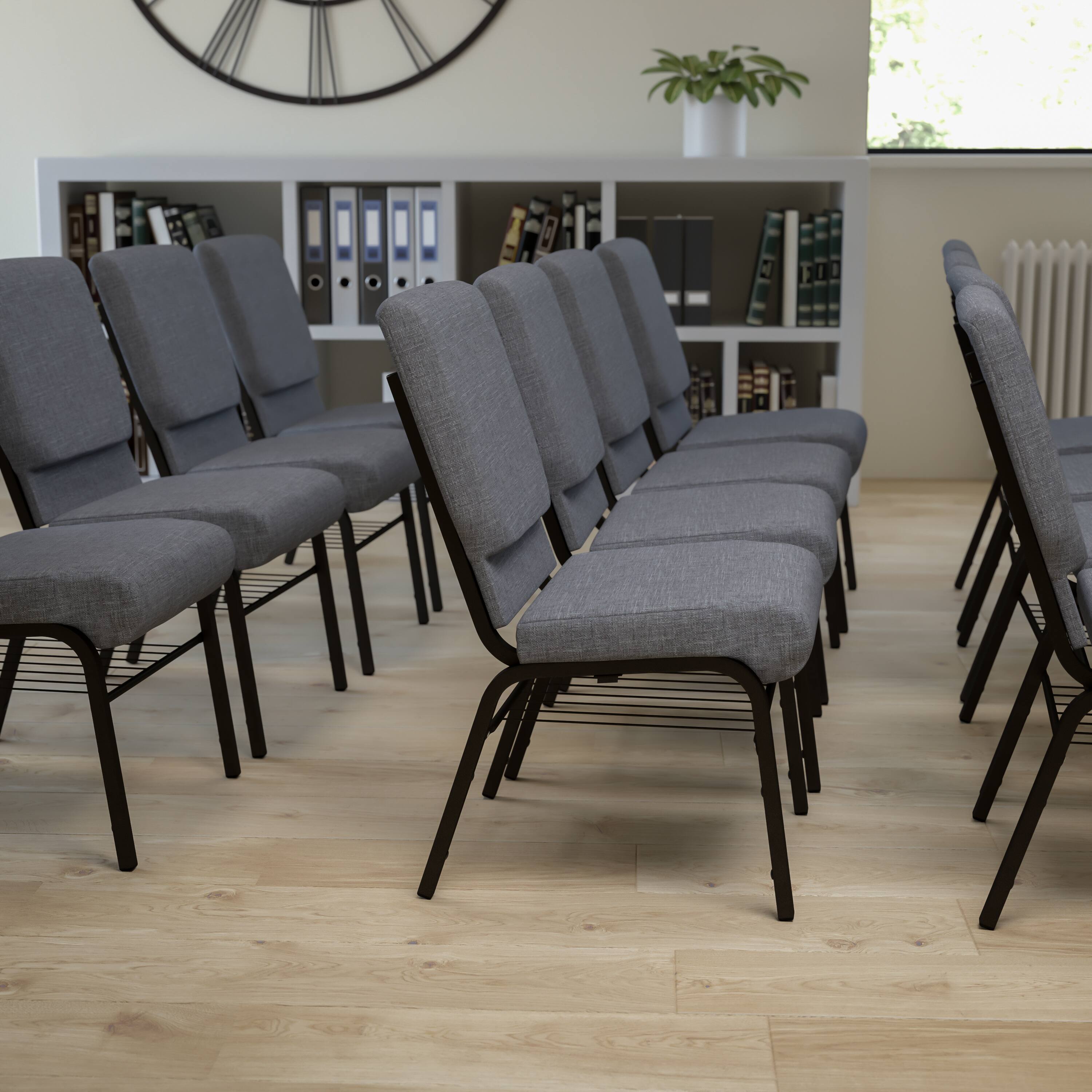 Alt View 1. Emma + Oliver - 18.5"W Church/Reception Guest Chair with Book Rack - Gray Fabric/Gold Vein Frame.