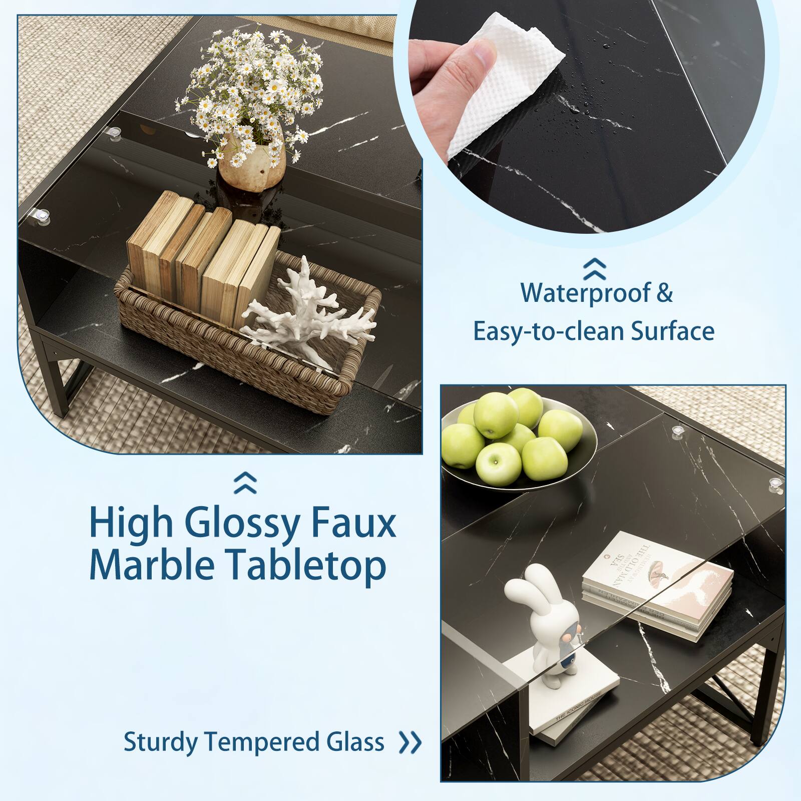 Waterproof & Easy-to-clean Surface

High Glossy Faux Marble Tabletop

Sturdy Tempered Glass