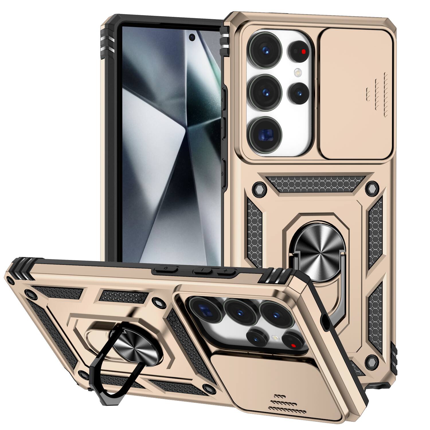 Front. UUCOVER - Magnetic Kickstand Case for Samsung Galaxy S22 Ultra with Sliding Camera Lens Cover, Rotatable Ring, Shockproof Cover - Gold.