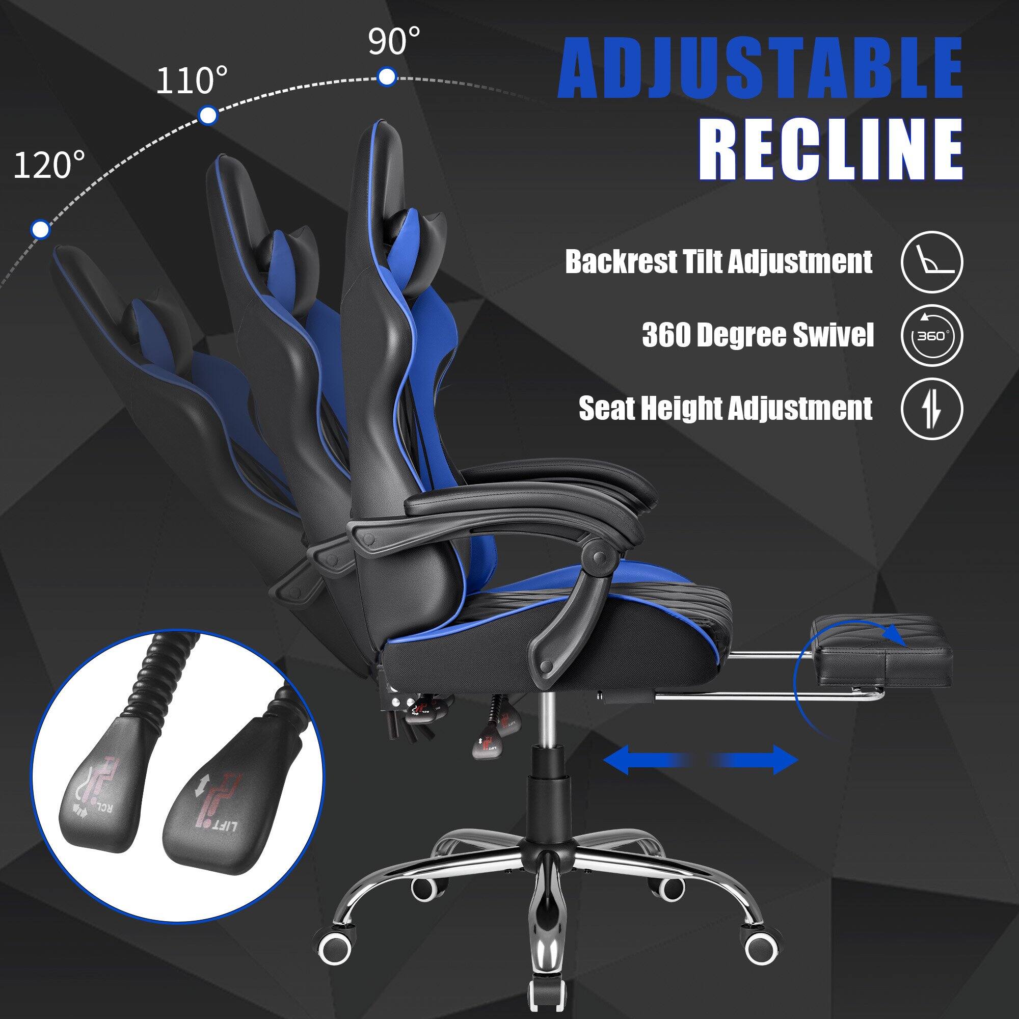120  
110  
90  
ADJUSTABLE RECLINE  
Backrest Tilt Adjustment  
360 Degree Swivel  
360  
Seat Height Adjustment