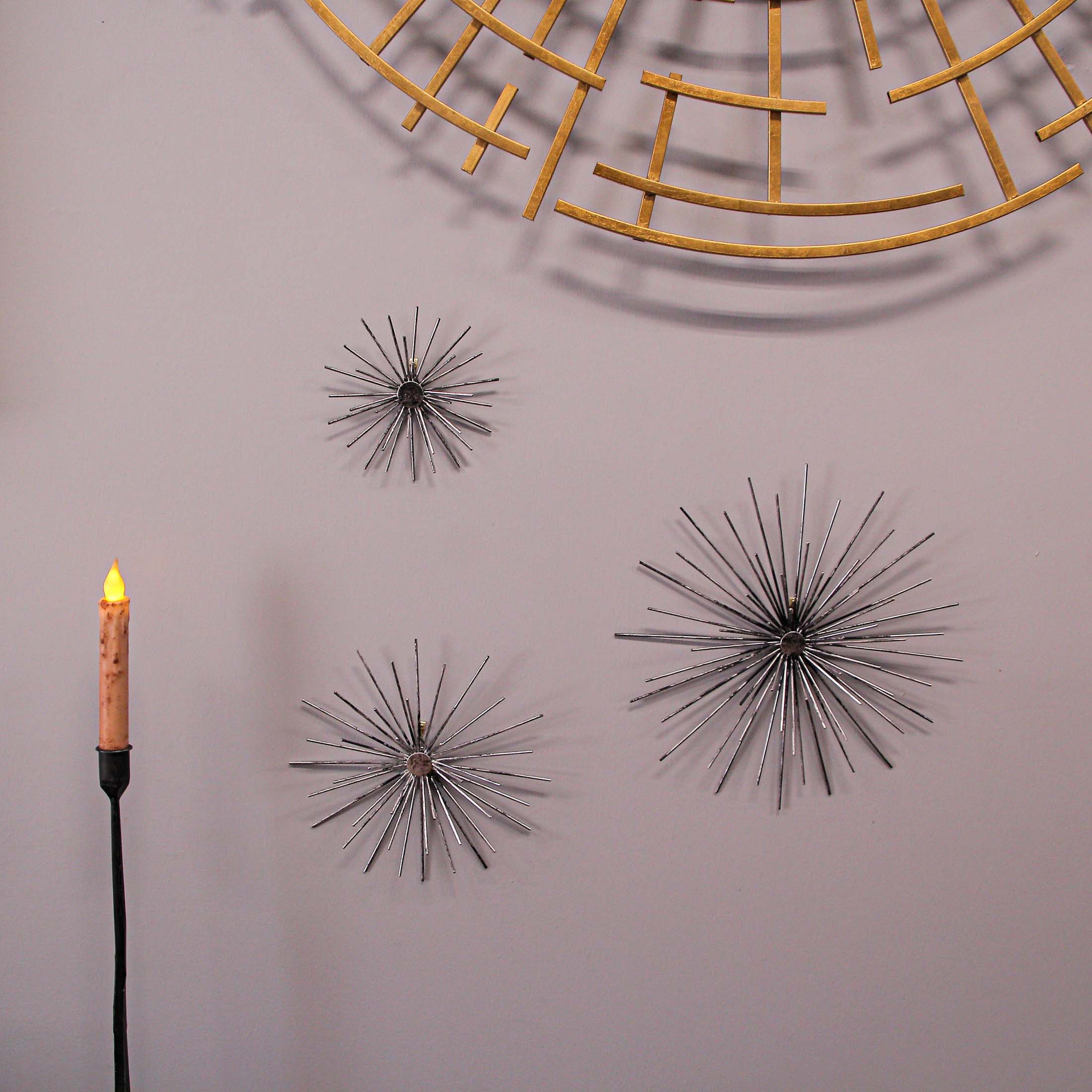 Alt View 3. Zeckos - Aged Silver Finish Mid-Century Modern Atomic Star Burst Wall Sculptures Set of 3 - Silver.