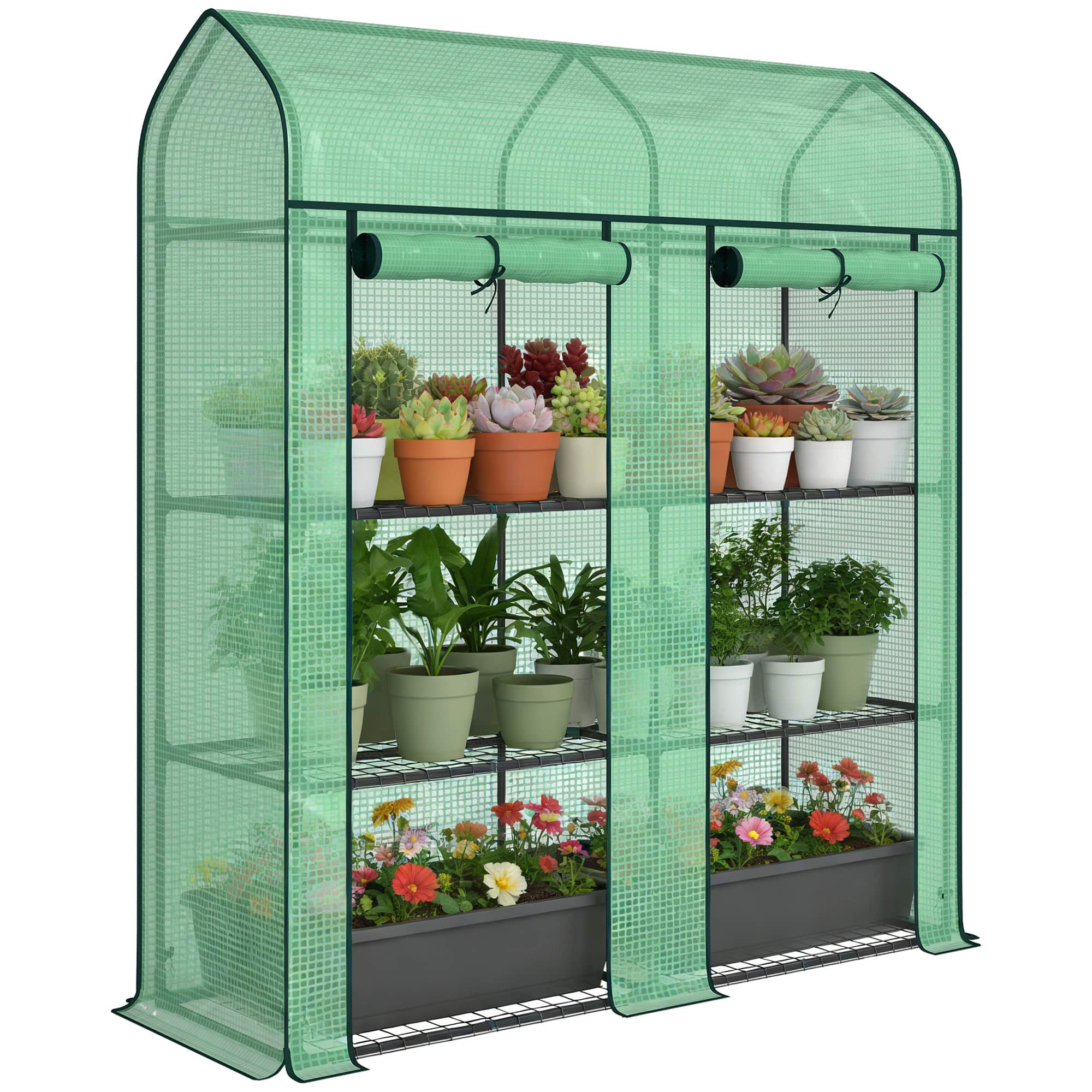 Outsunny - 3 Tier Mini Greenhouse, 56.3" x 18.1" x 65" Small Portable Greenhouse with 2 Roll-up Doors