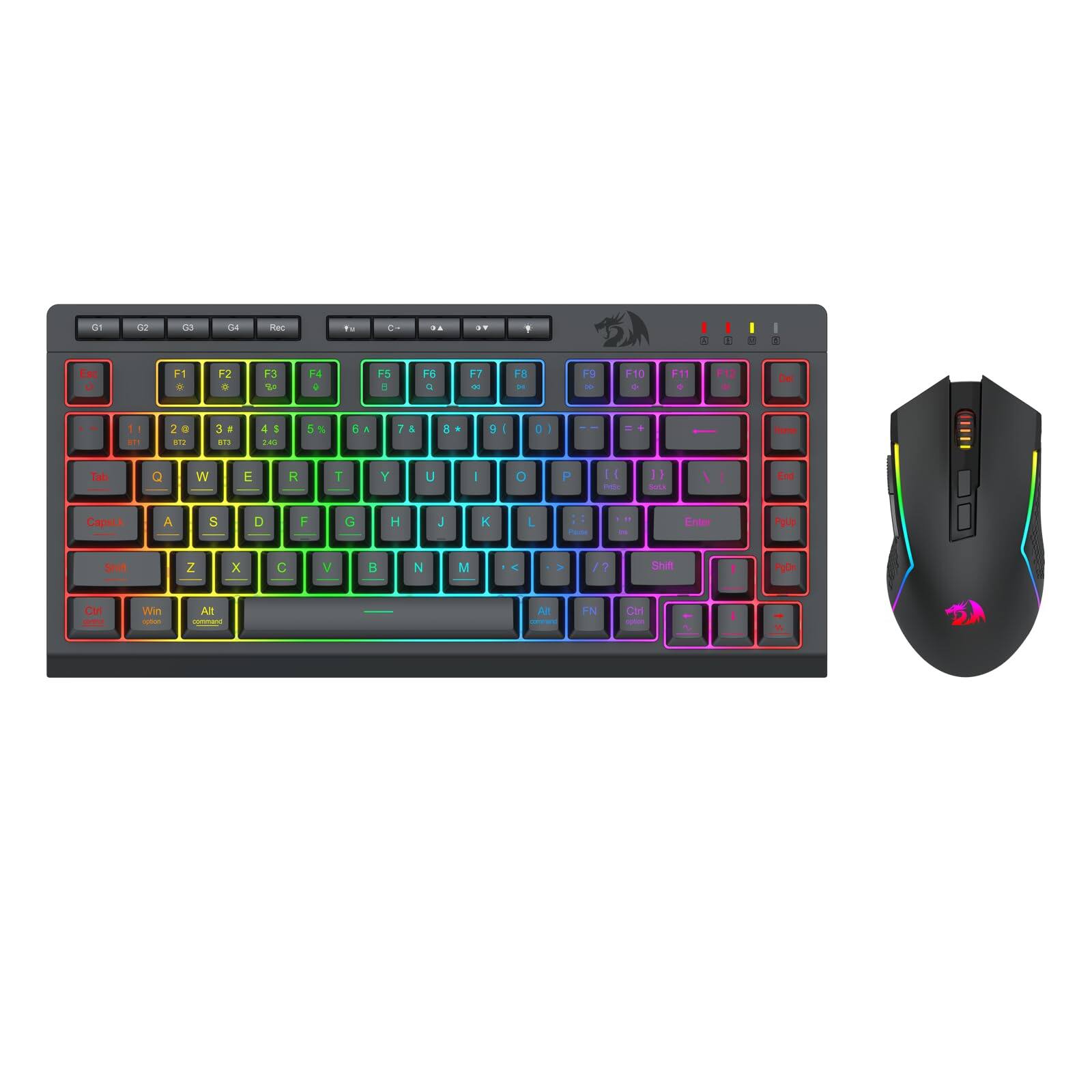 Sure, here is the corrected and grouped text from the image:

**Top Row:**
- G1 G2 G3 G4 Rec
- F1 F2 F3 F4 F5 F6 F7 F8 F9 F10 F11 F12
- Esc 1 2 3 4 5 6 7 8 9 0 - = Backspace
- Tab Q W E R T Y U I O P [ ] \
- Caps Lock A S D F G H J K L ; ' Enter
- Shift Z X C V B N M , . / Shift
- Fn Ctrl Win Alt Spacebar Alt

**Function Keys:**
- F1 F2 F3 F4 F5 F6 F7 F8 F9 F10 F11 F12

**Special Keys:**
- Ctrl
- Win
- Alt
- Fn

**Mouse:**
- (No text visible on the mouse)

**Additional Labels:**
- Caps Lock
- Win
- Alt
- Ctrl
- Fn

**Color Labels:**
- Red (Top left corner)
- Green (Top center)
- Blue (Top right corner)
- Pink (Right side of the